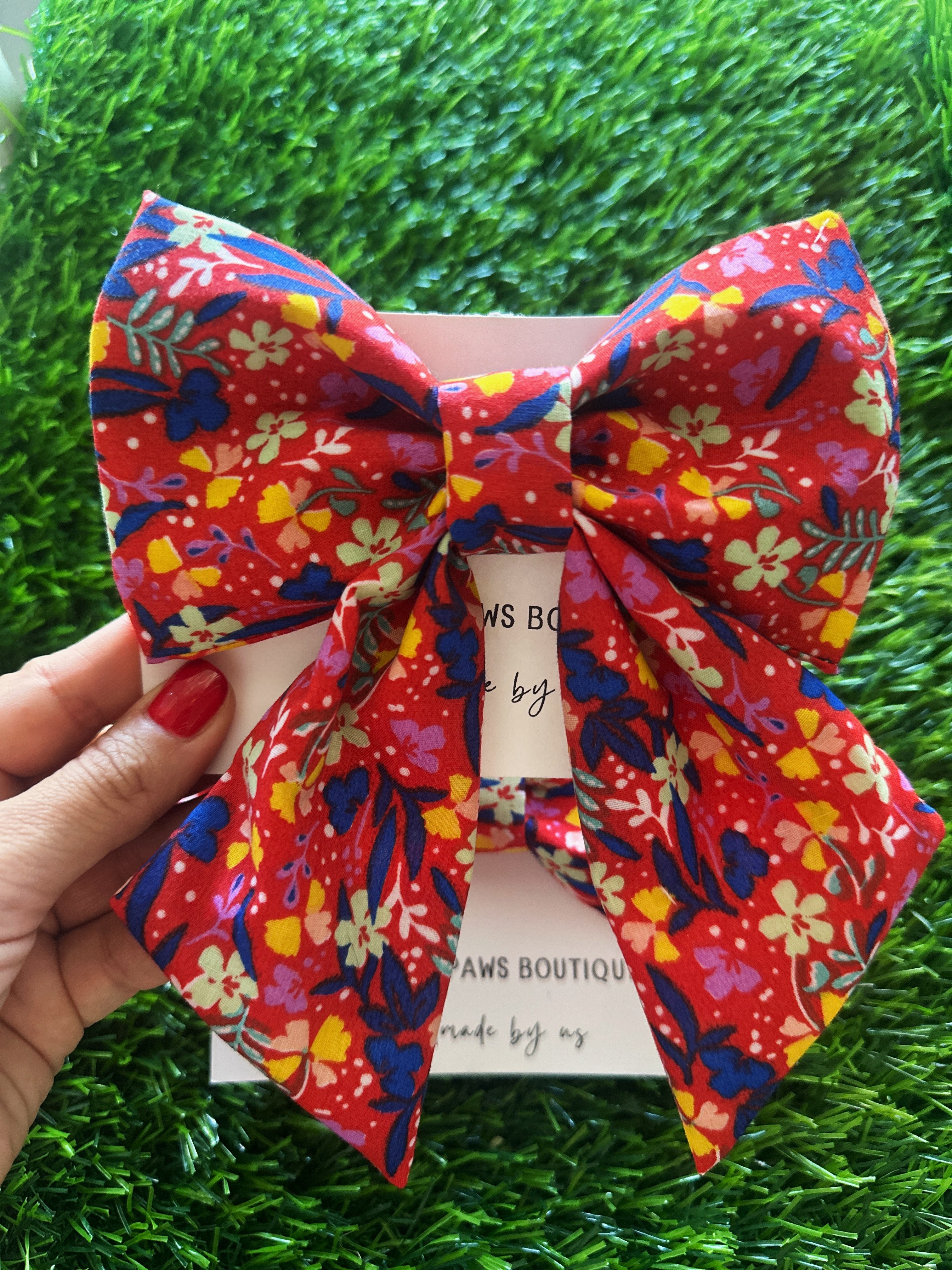 red and blue floral bow for dogs