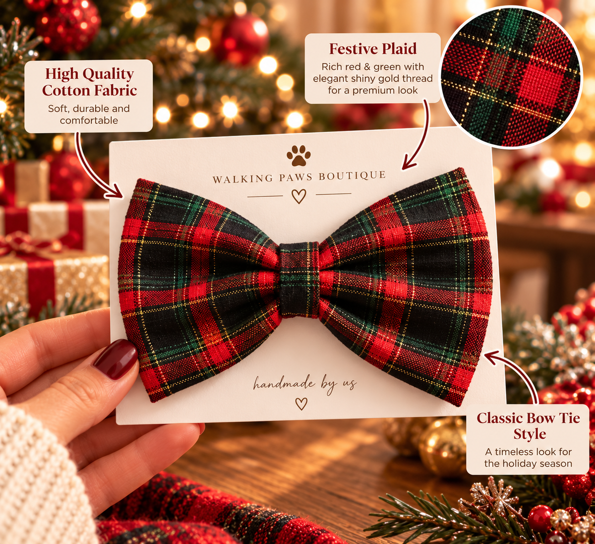 Classic Christmas Tartan Dog Bow Tie | Gold Lurex Plaid