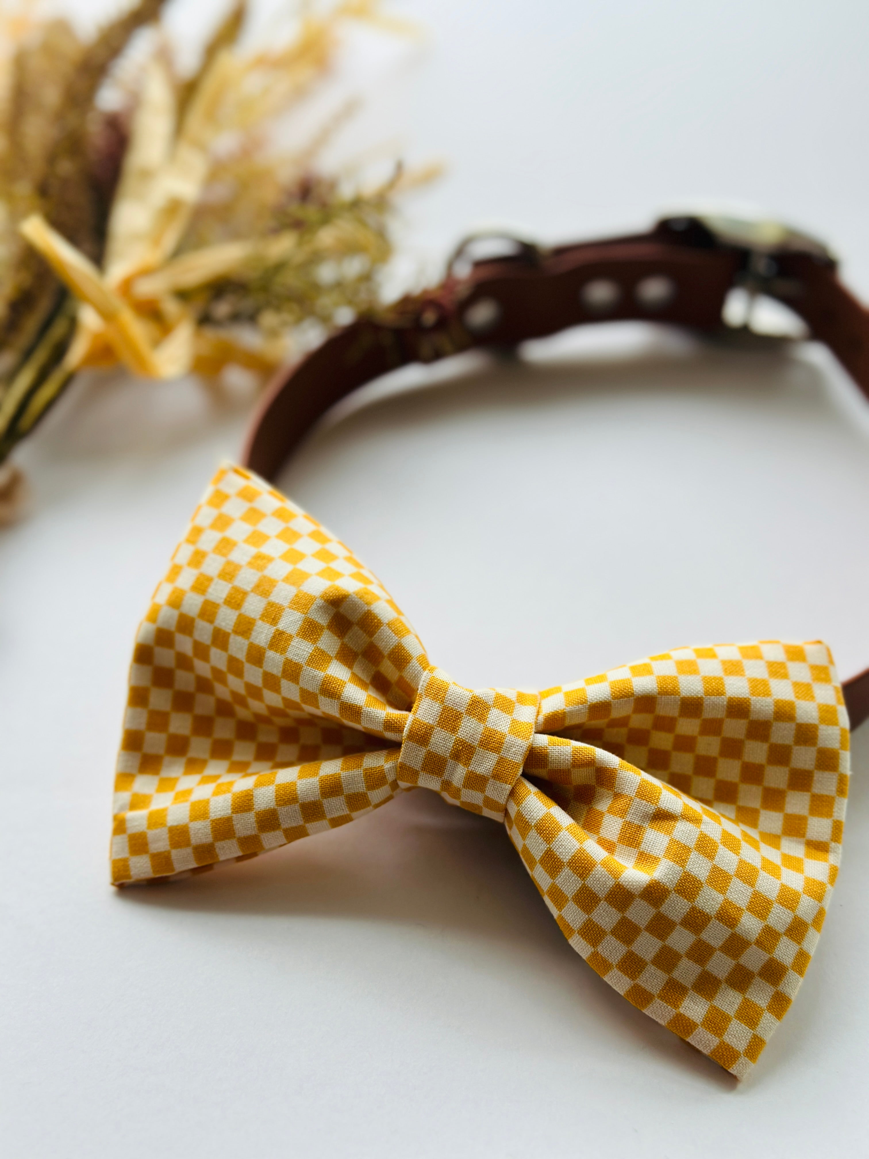 Mustard checkered bowtie for dogs, attach to collar with velcro bow,  bowtie for large or small dogs, pet parent gift for any occasion.