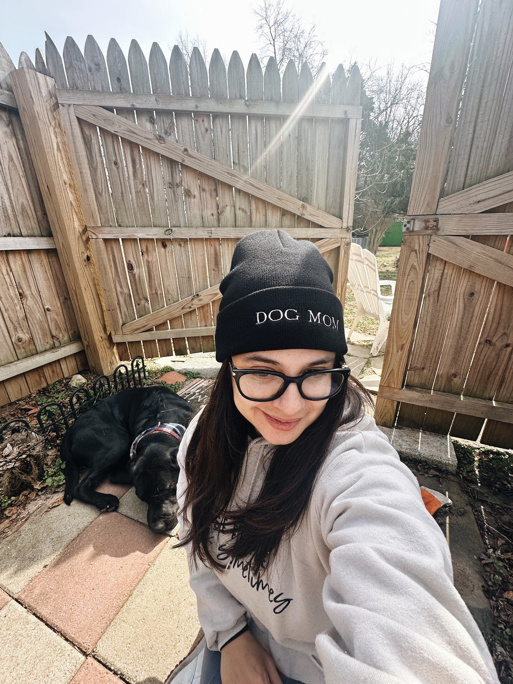 dog mom beanie with lavender embroidery