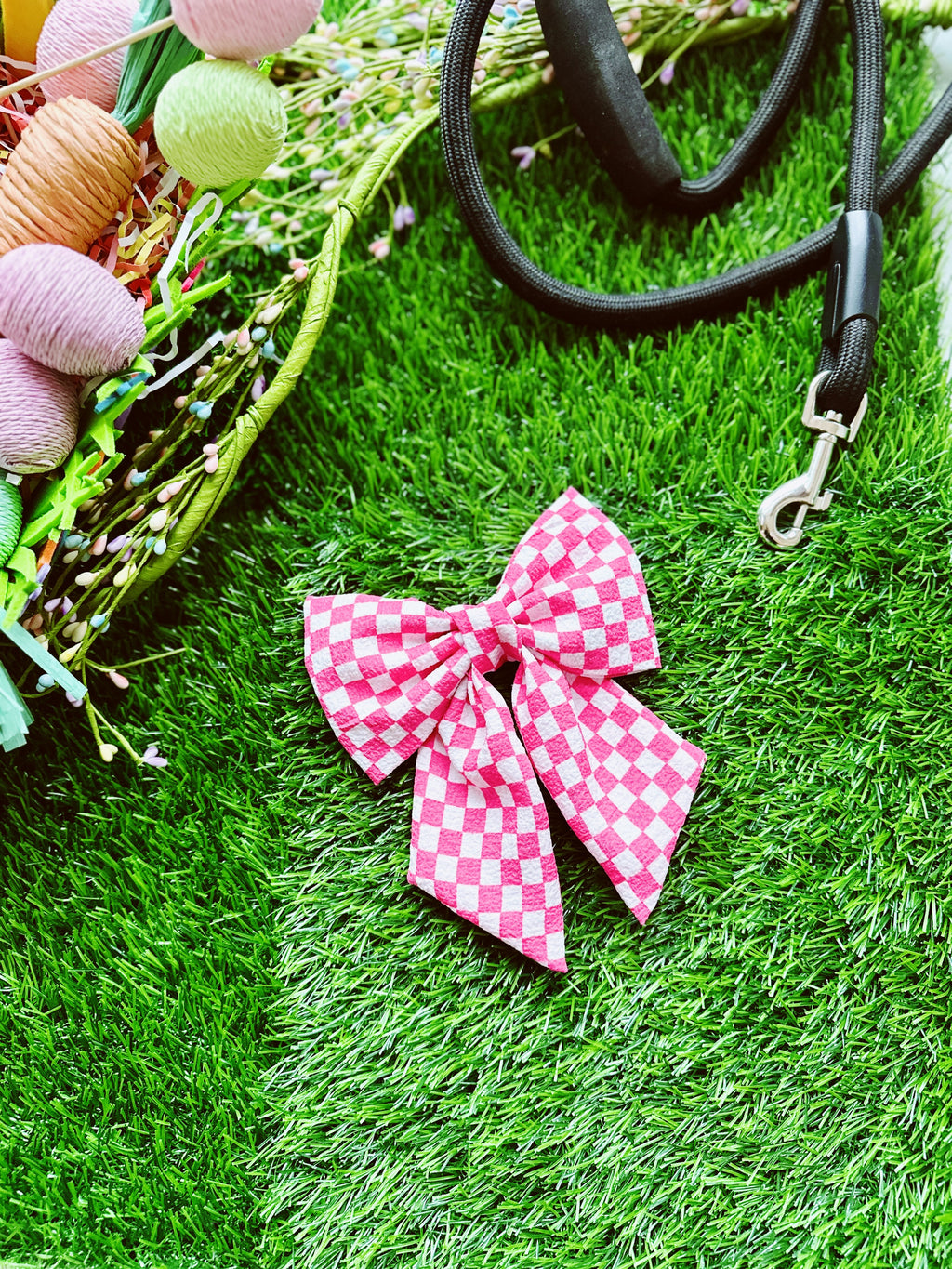 Checked pink sailor bow for dogs