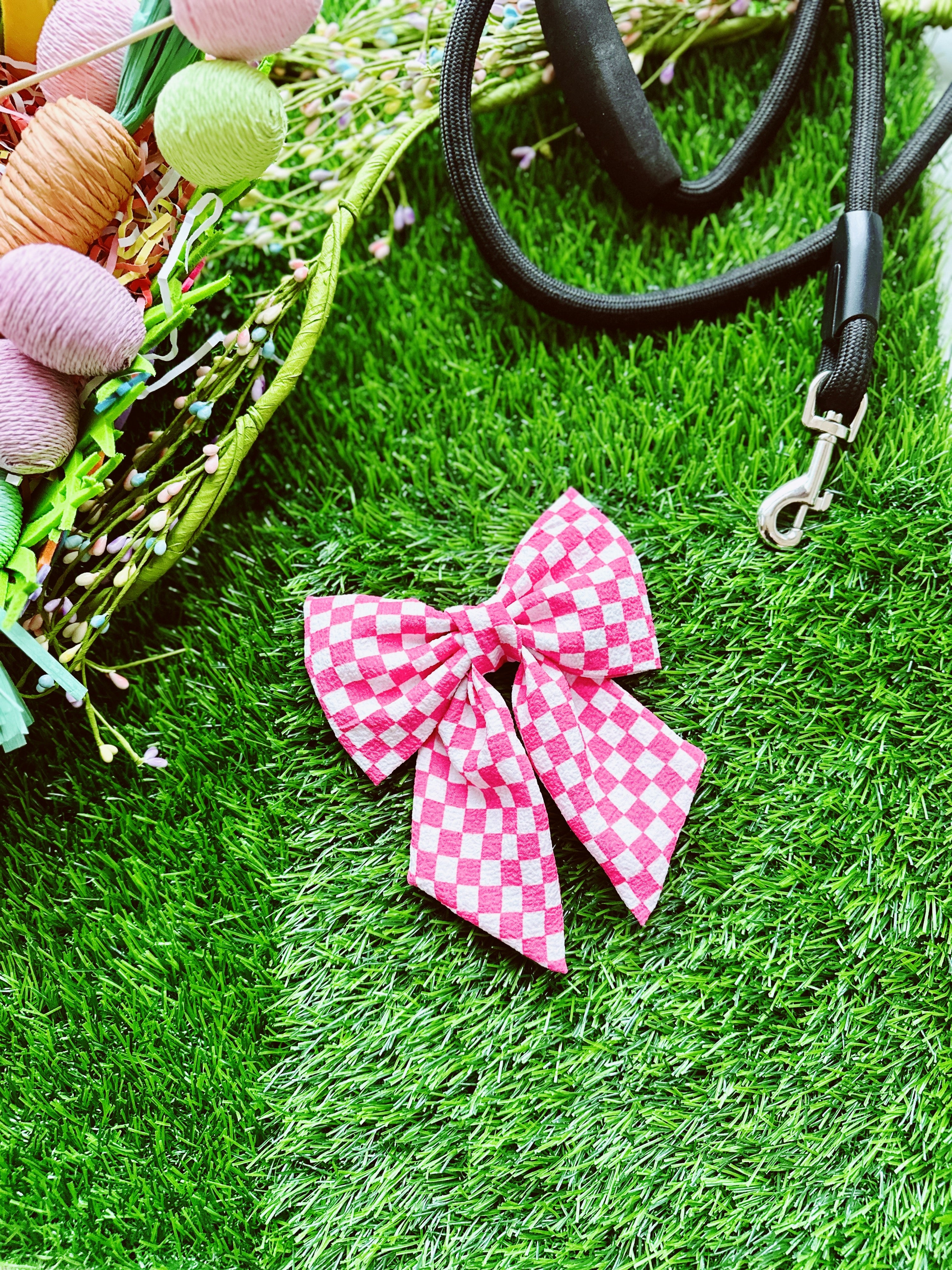 Checked pink sailor bow for dogs