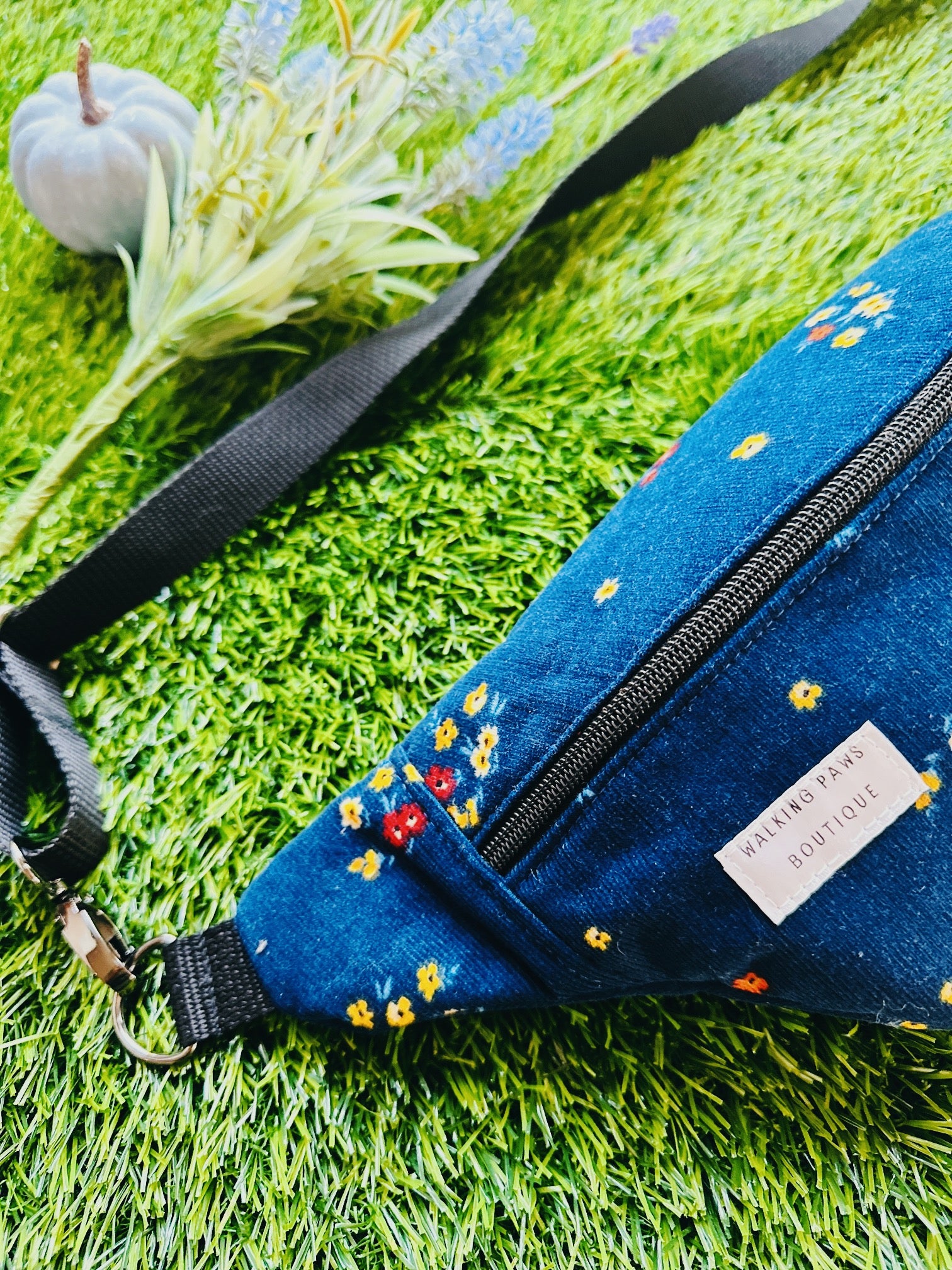 corduroy navy floral fanny pack, oversized look, fabric fanny pack