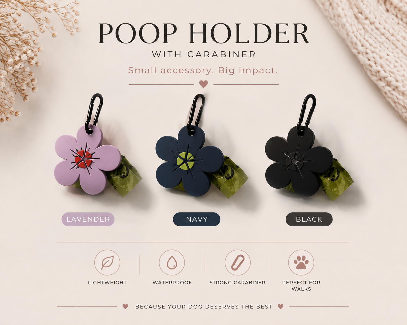 Flower Poop Bag Holder with Carabiner – Stylish Dog Walking Waste Bag Dispenser