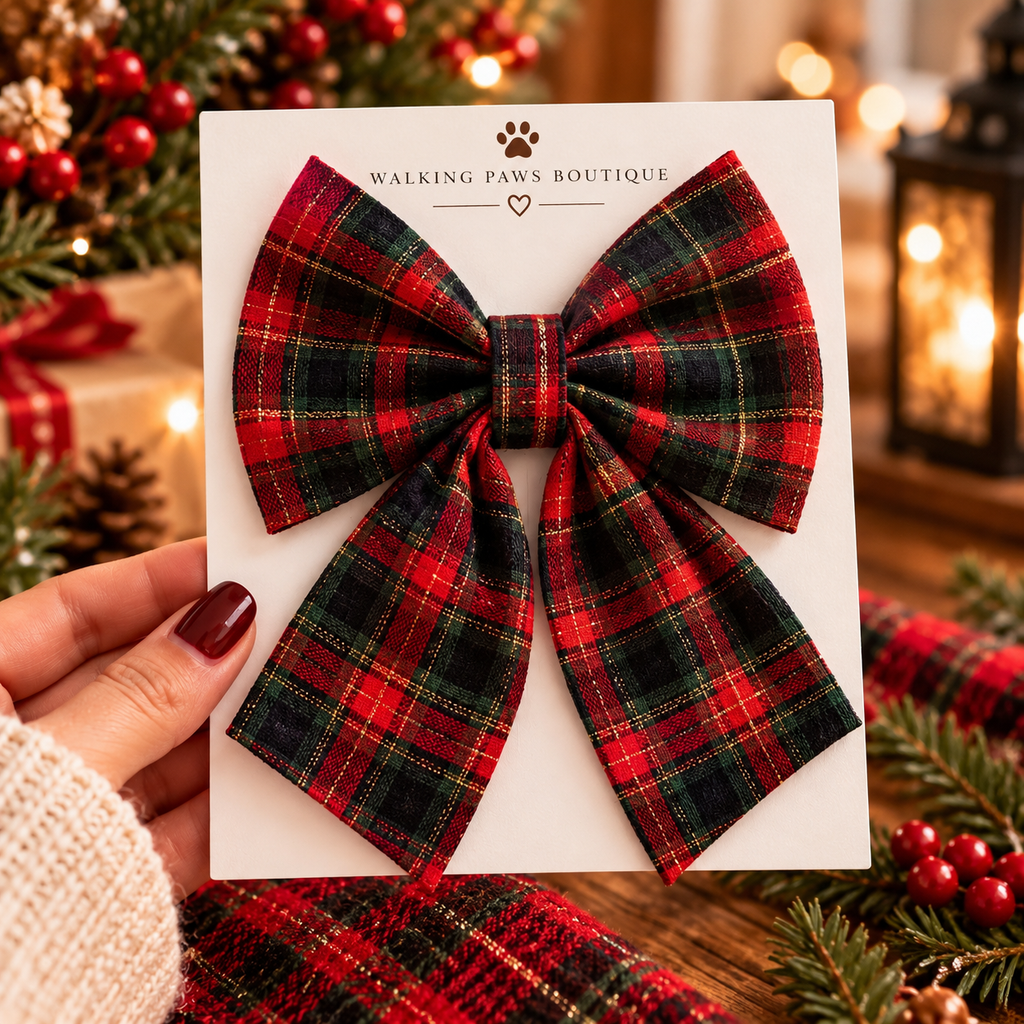 Classic Christmas Tartan Dog Bow Tie | Gold Lurex Plaid