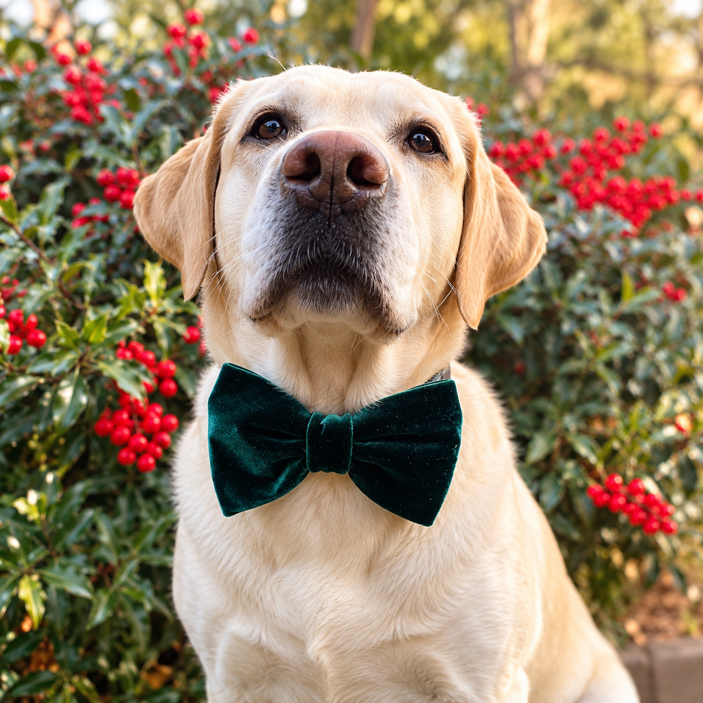 green velvet dog bowtie adjustable and attachable to dog collar