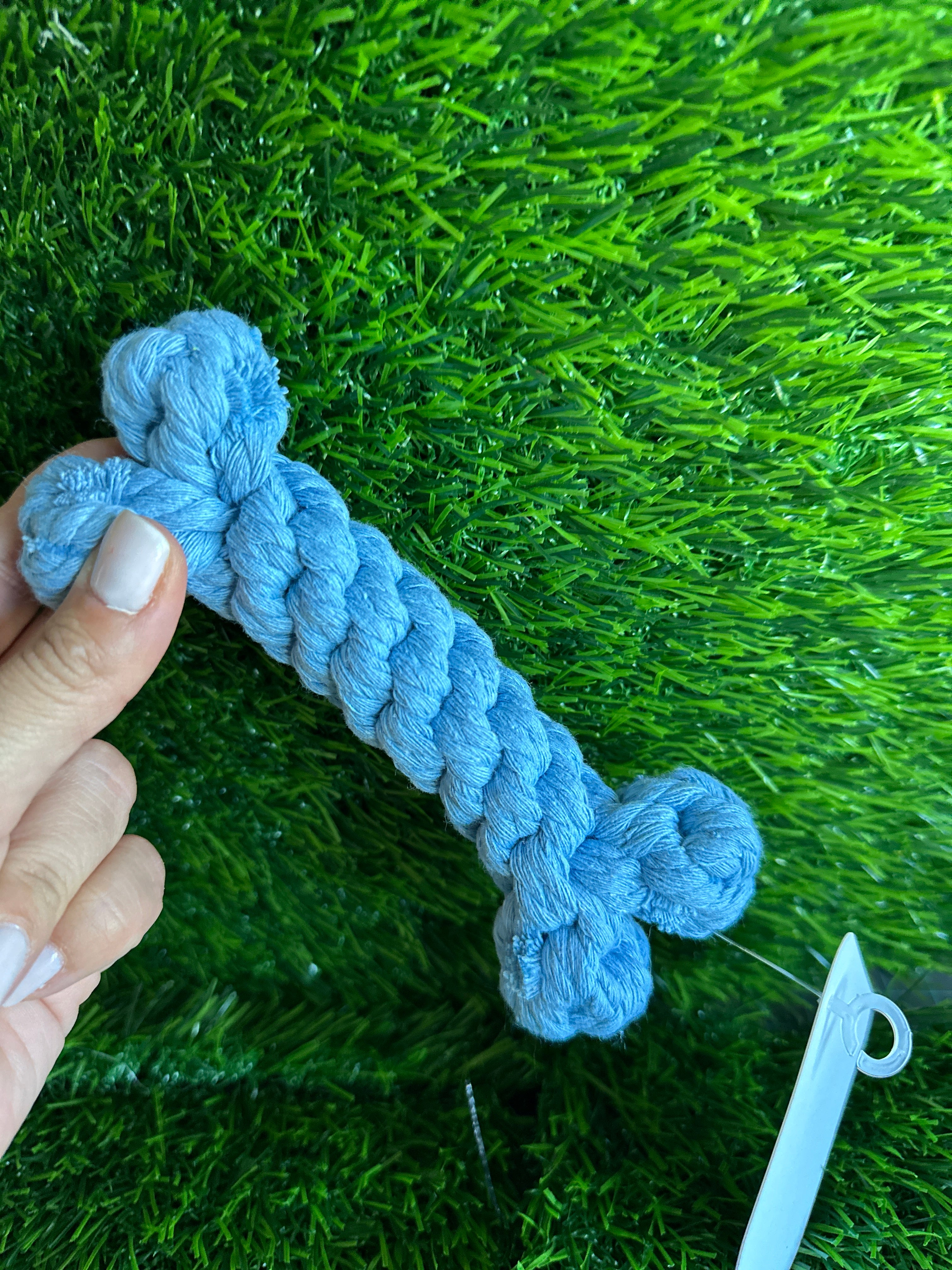 Macrame bone dog toy, pink and blue