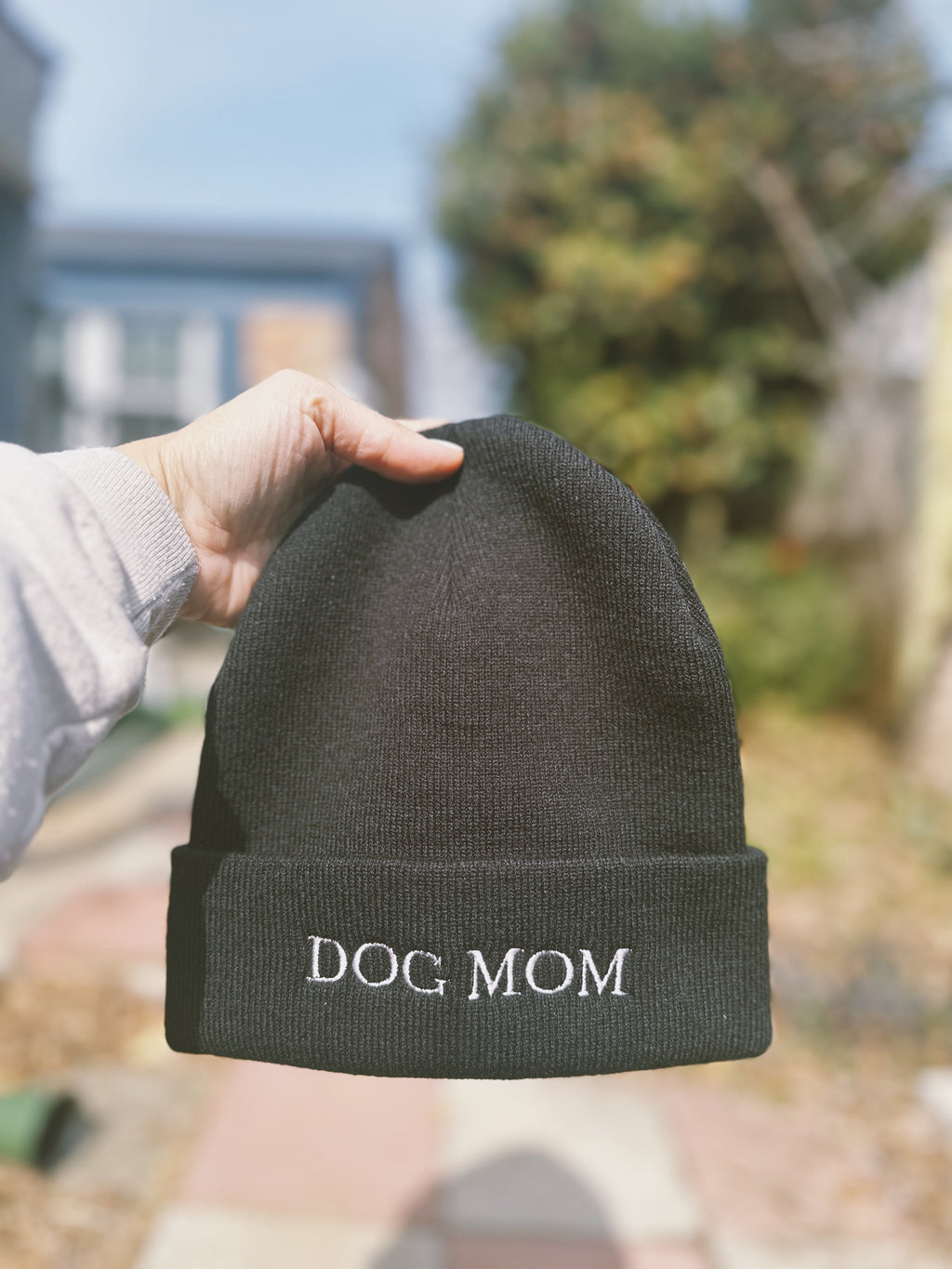 dog mom beanie with lavender embroidery