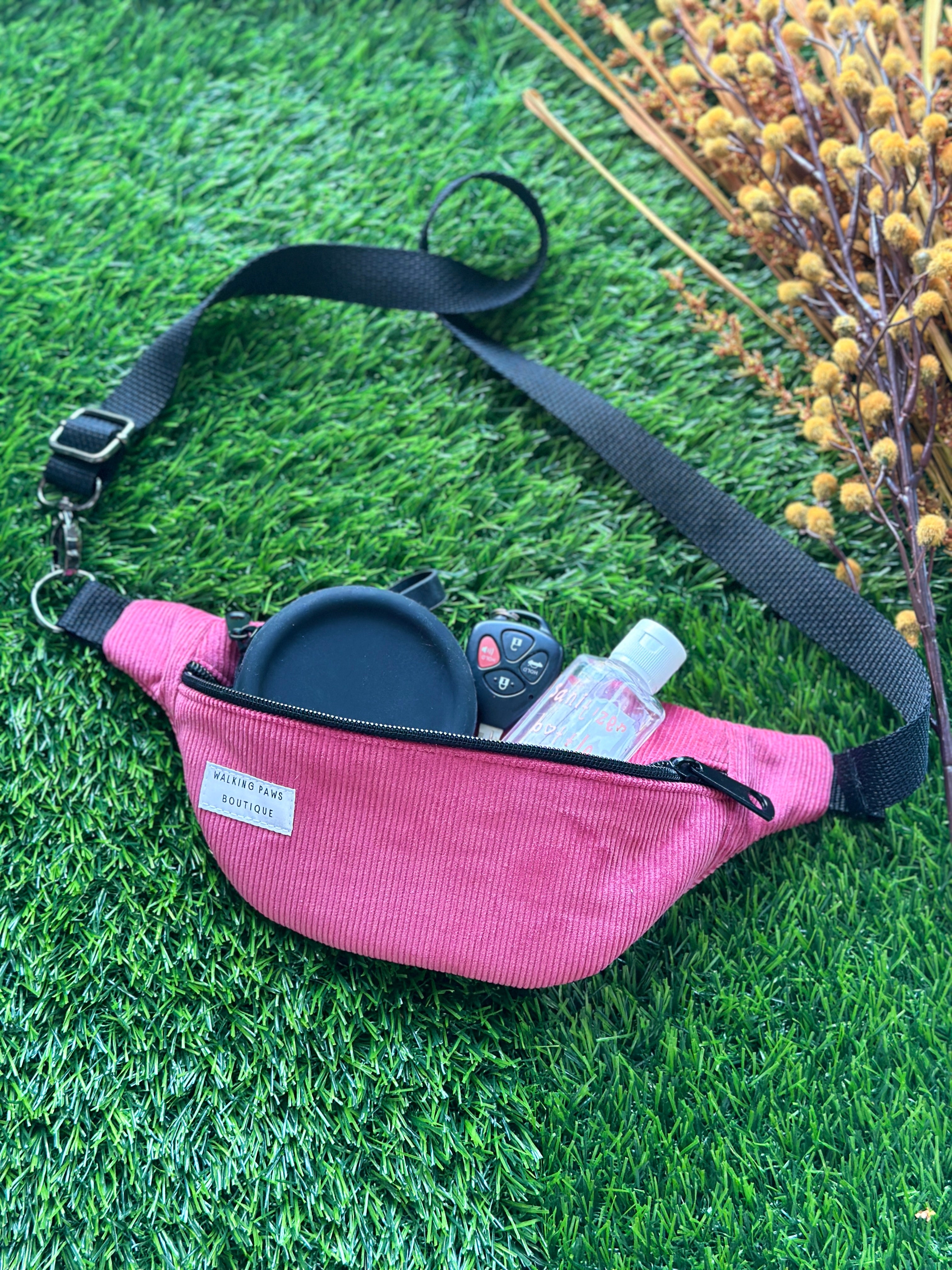 soft cherry pink corduroy fanny pack, sling bag crossbody, boho chic trending bag