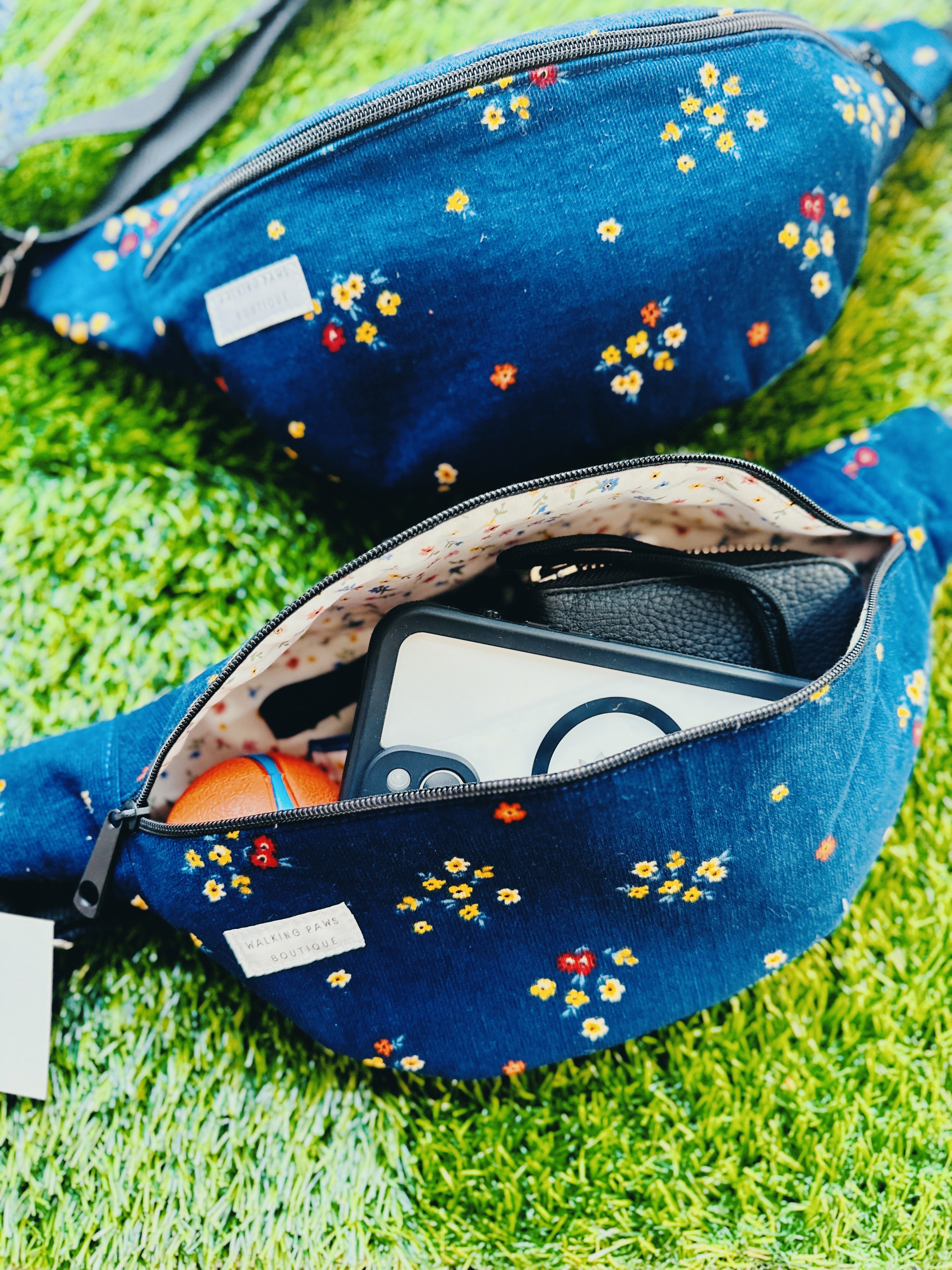 corduroy navy floral fanny pack, oversized look, fabric fanny pack