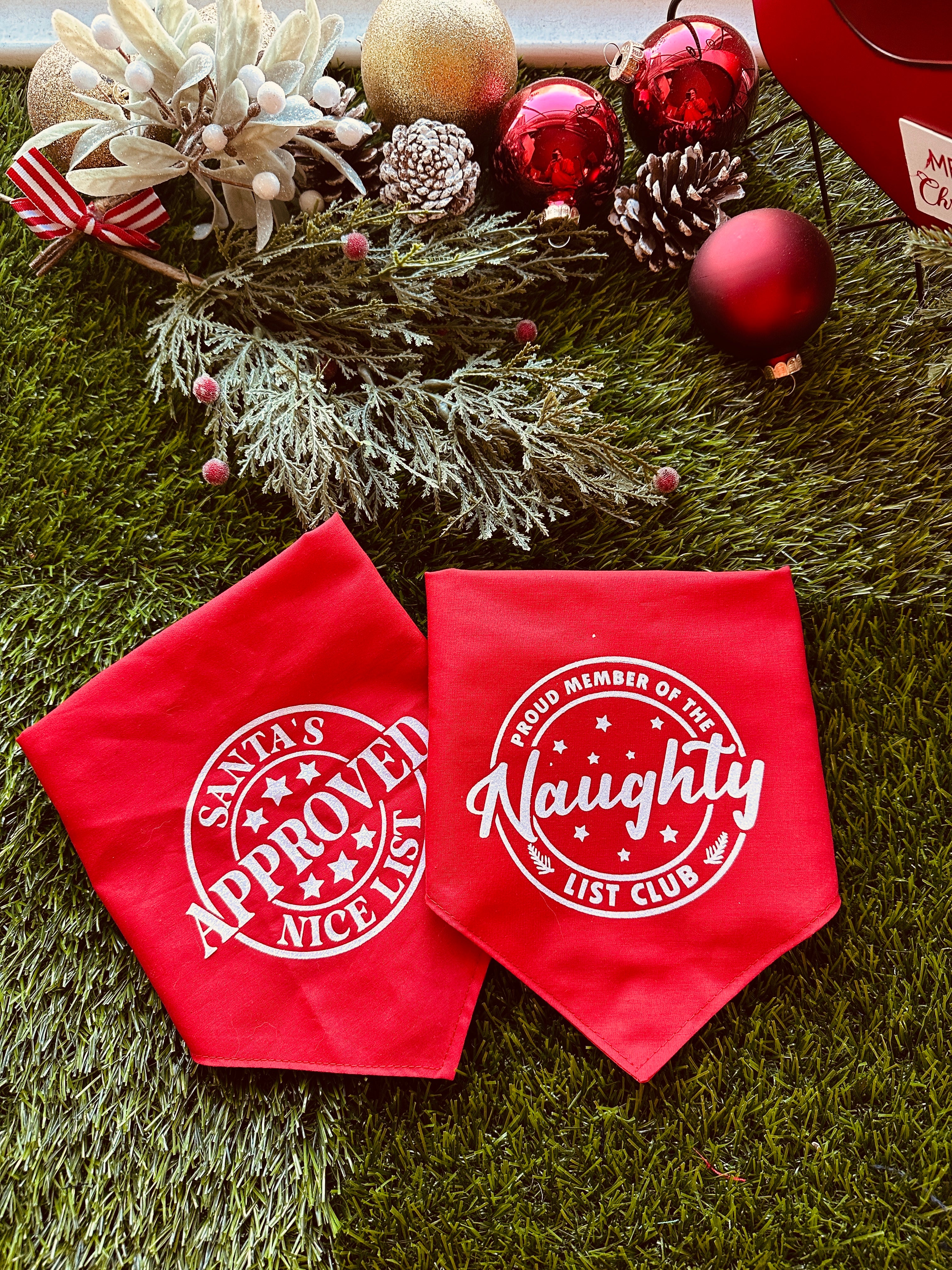 Proud member of the naughty list red bandana for dogs with snaps on
