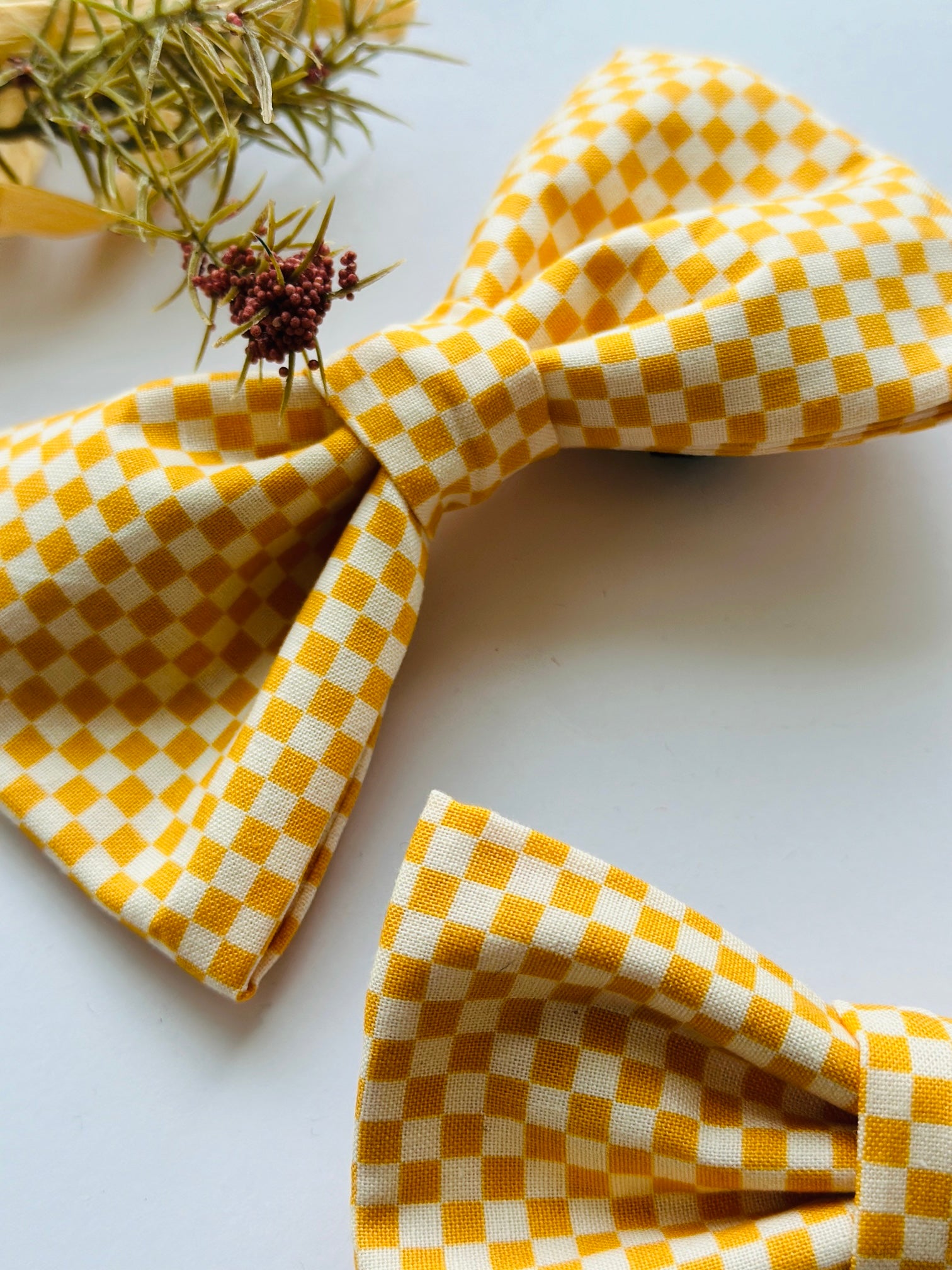 Mustard checkered bowtie for dogs, attach to collar with velcro bow,  bowtie for large or small dogs, pet parent gift for any occasion.