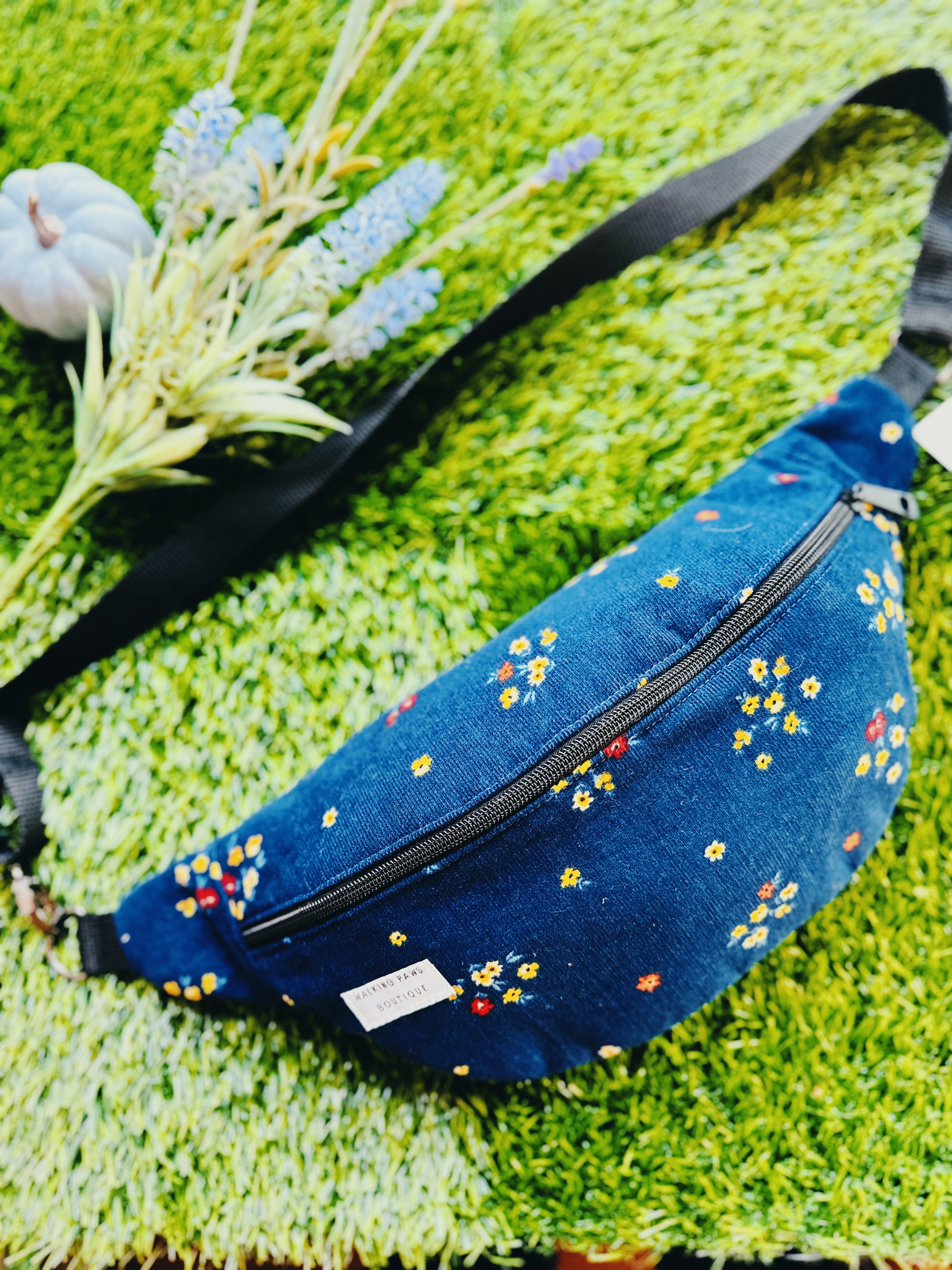 corduroy navy floral fanny pack, oversized look, fabric fanny pack