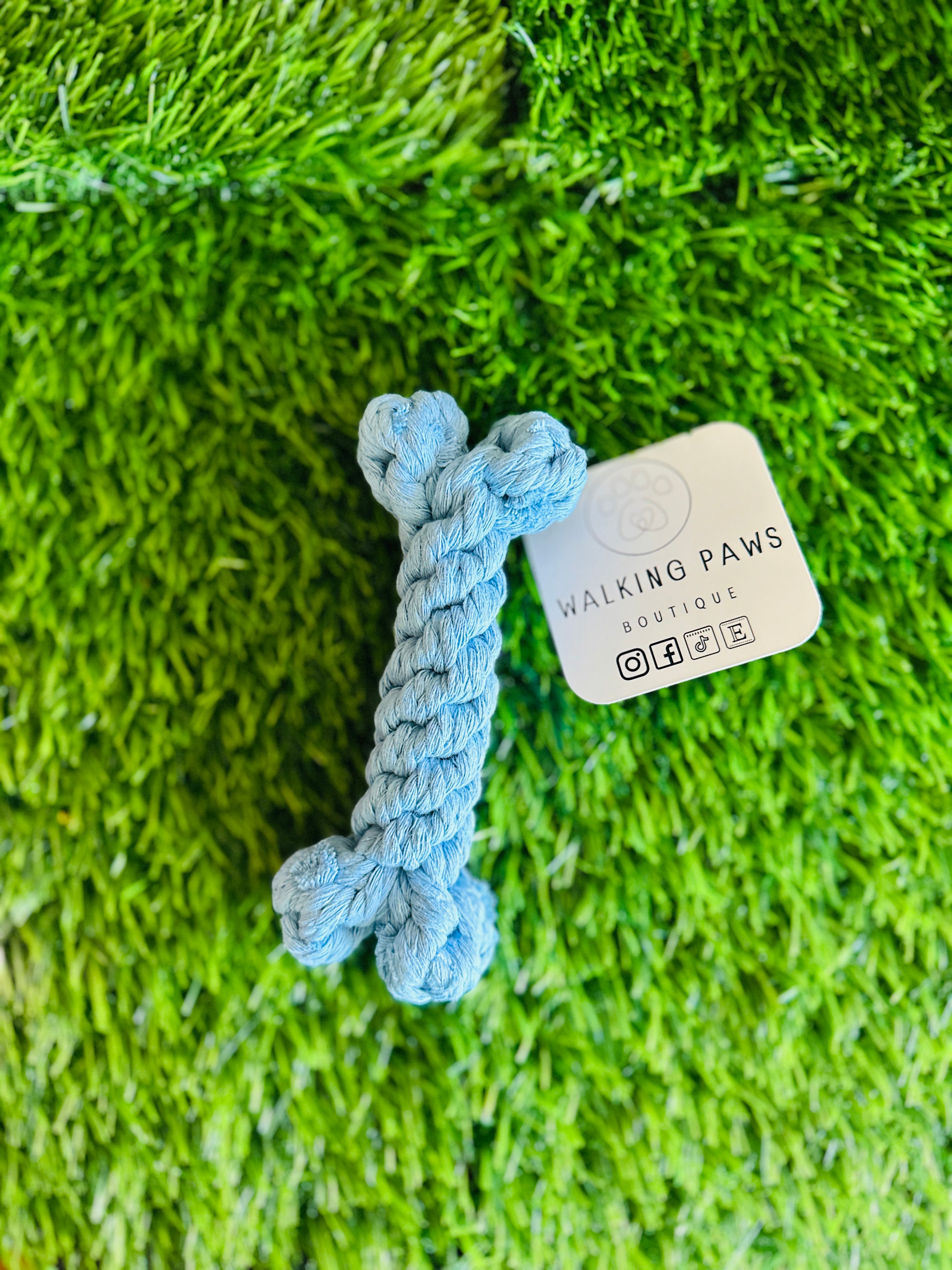 Macrame bone dog toy, pink and blue