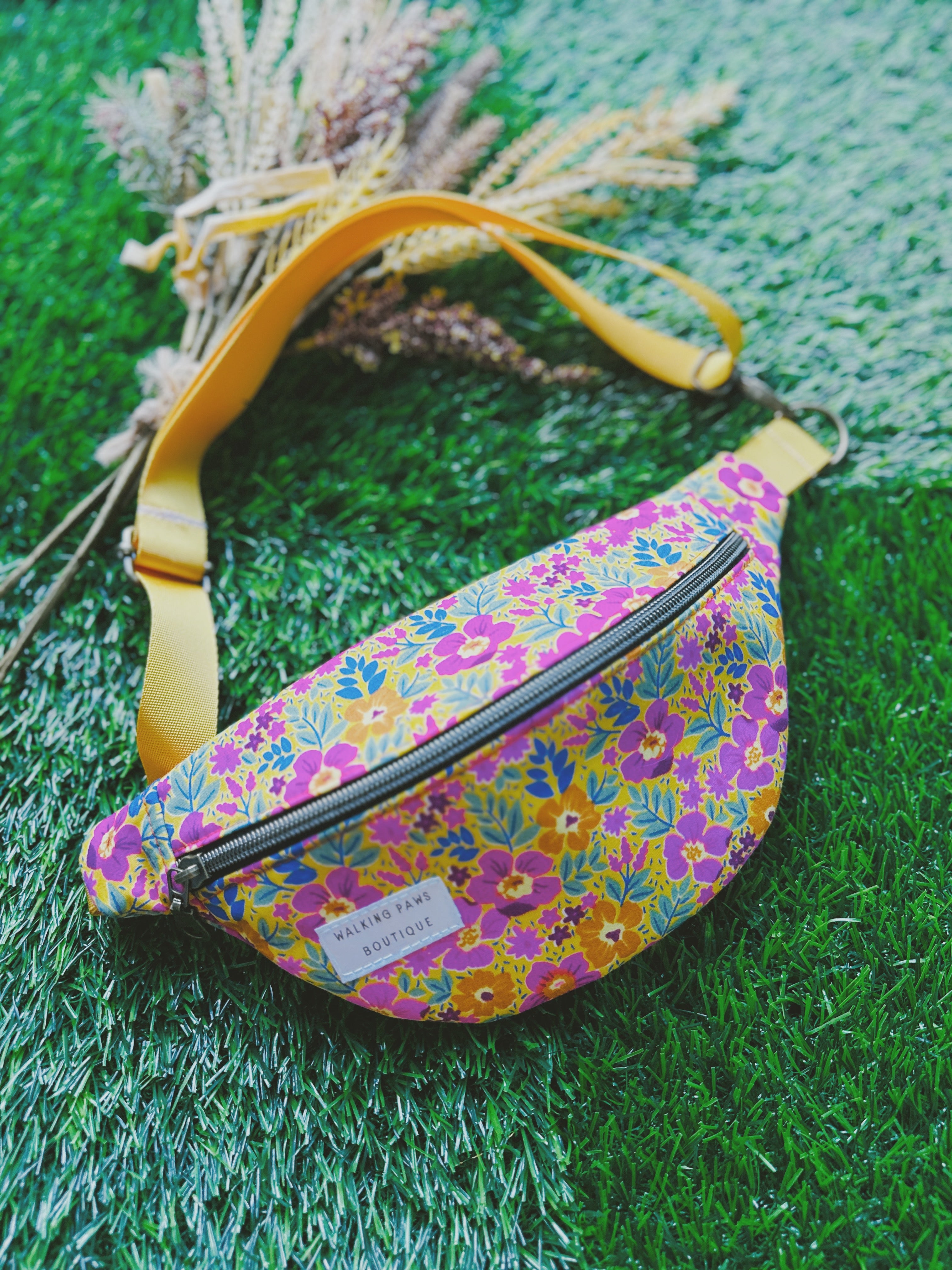 floral yellow and orange fanny pack, crossbody fanny pack, boho floral canvas bag