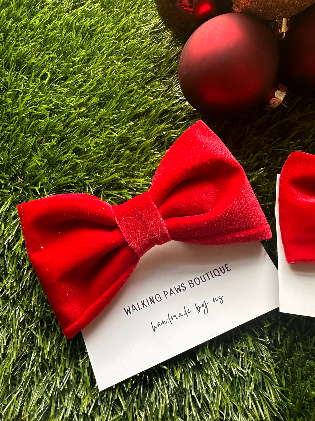 Red velvet  bowtie with adjustable velcro. Attach to dog's collar. Holiday gift for any dog