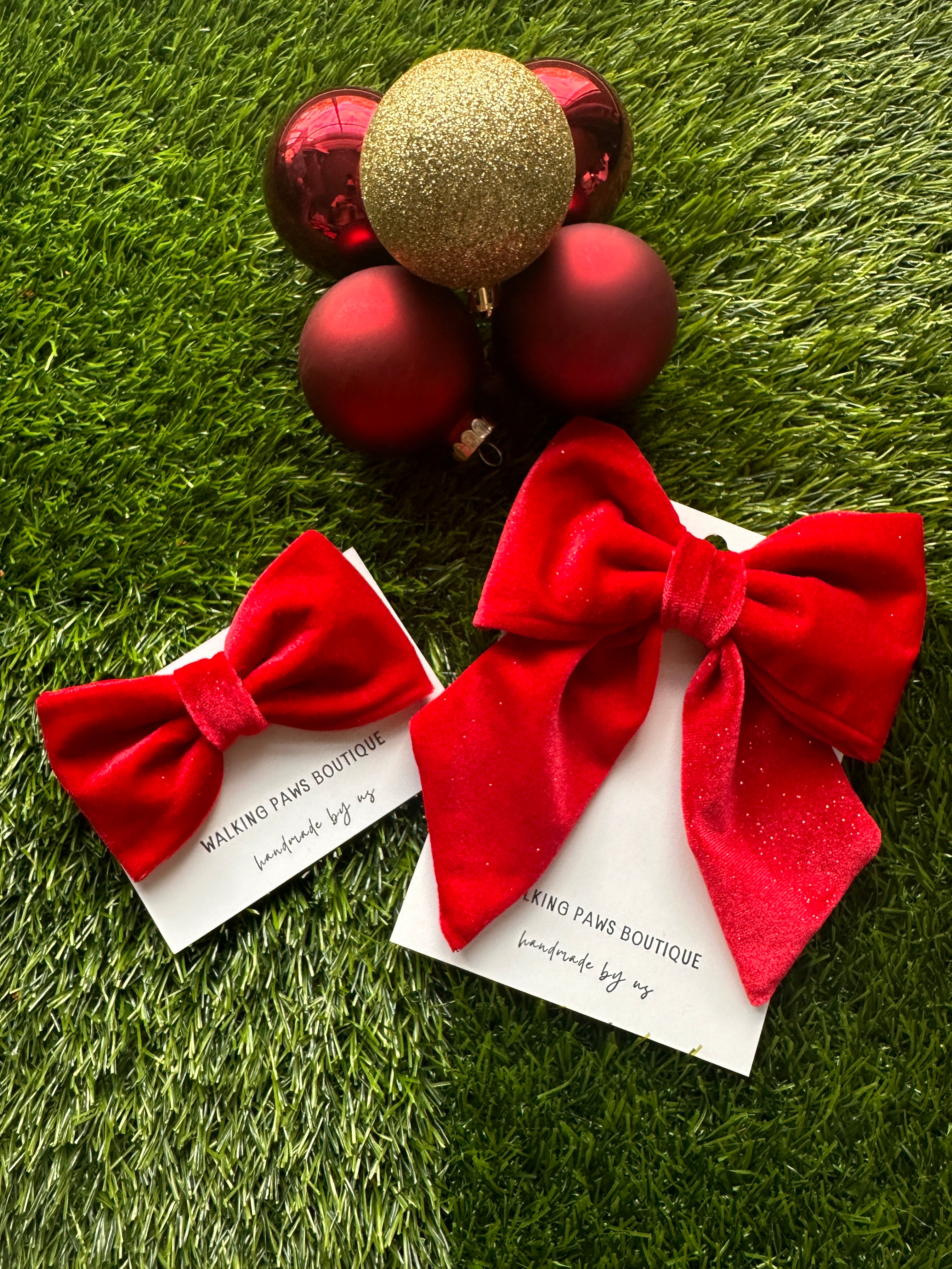 Red velvet  bowtie with adjustable velcro. Attach to dog's collar. Holiday gift for any dog