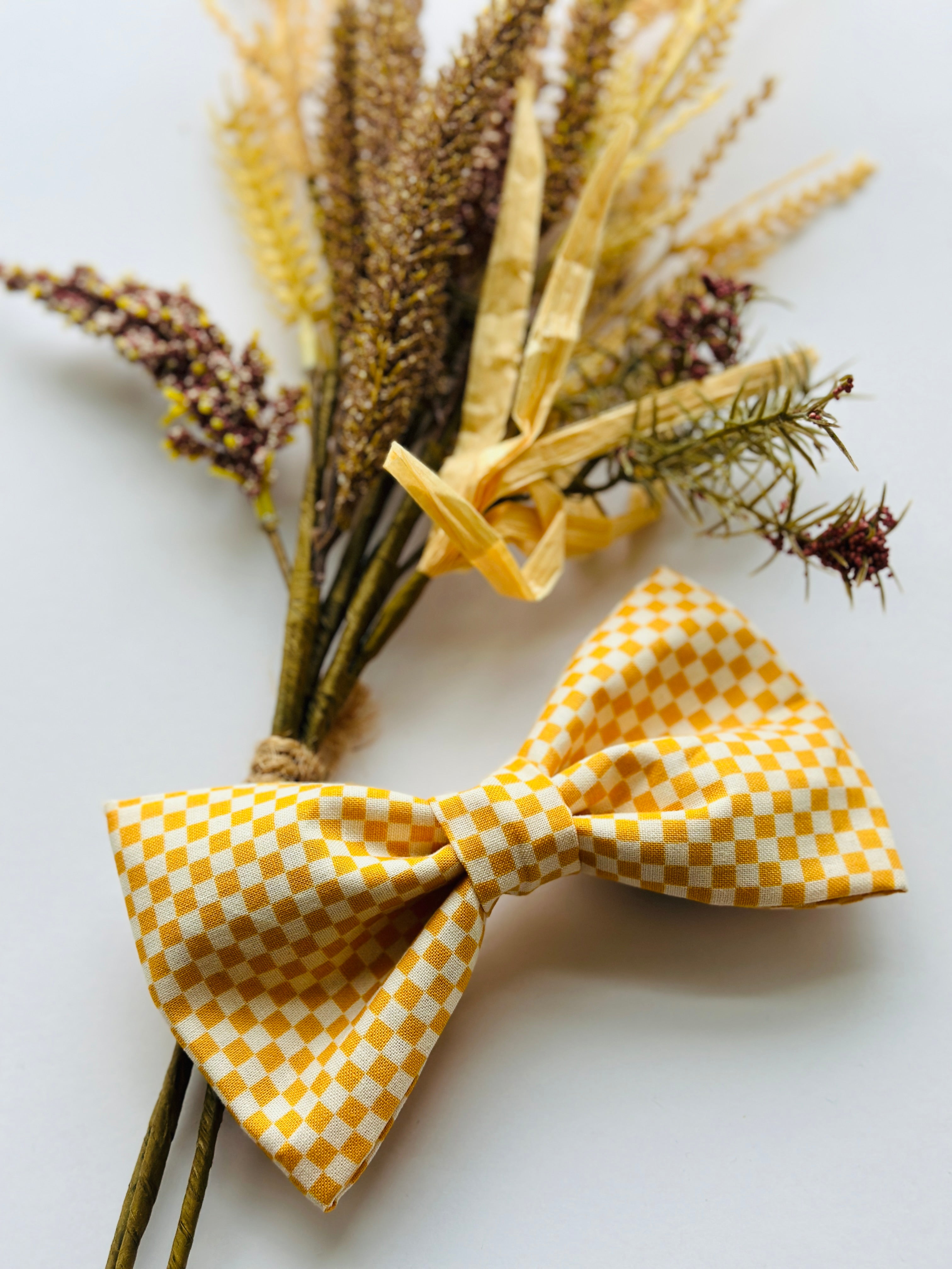 Mustard checkered bowtie for dogs, attach to collar with velcro bow,  bowtie for large or small dogs, pet parent gift for any occasion.