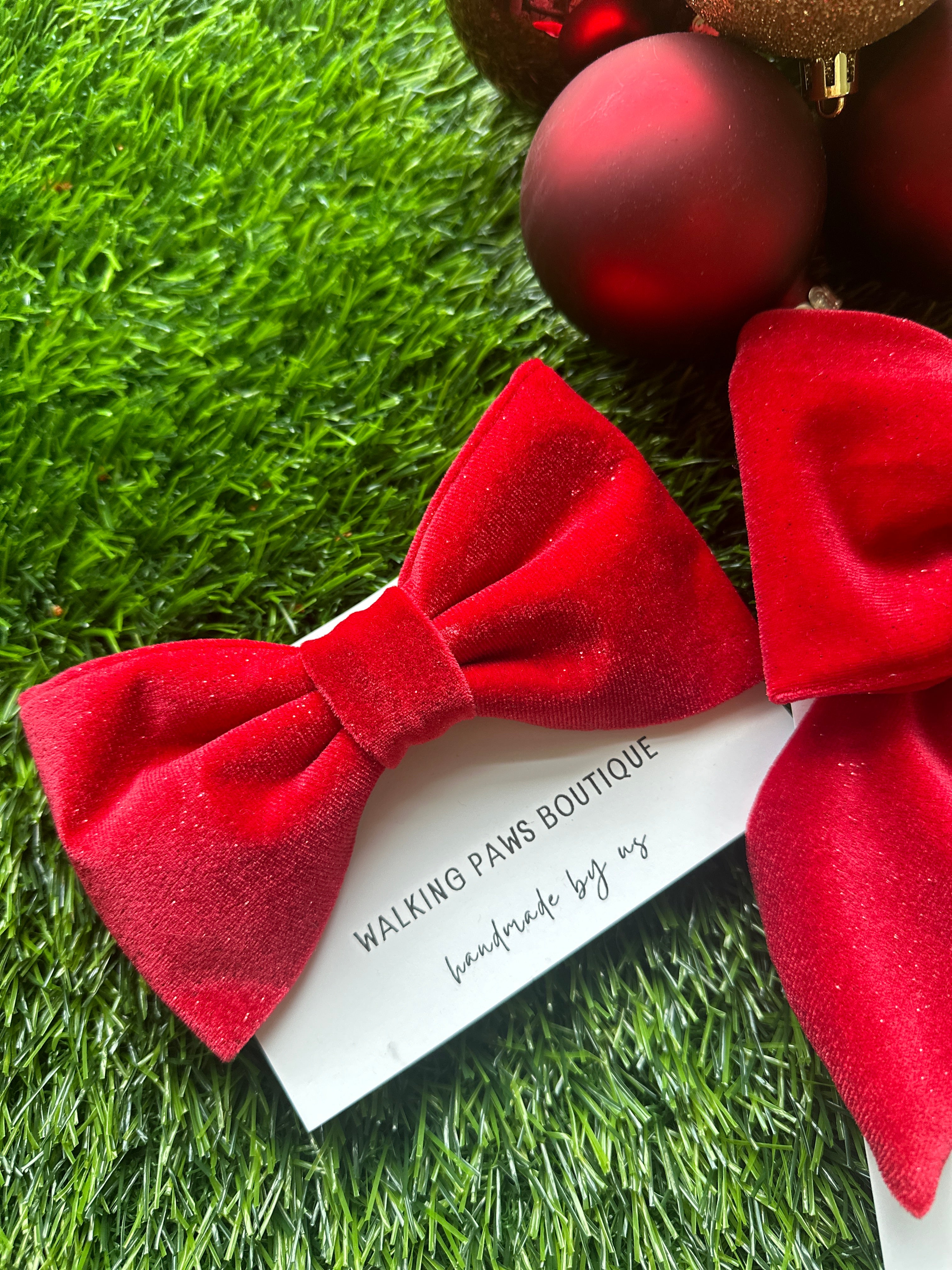 Red velvet  bowtie with adjustable velcro. Attach to dog's collar. Holiday gift for any dog