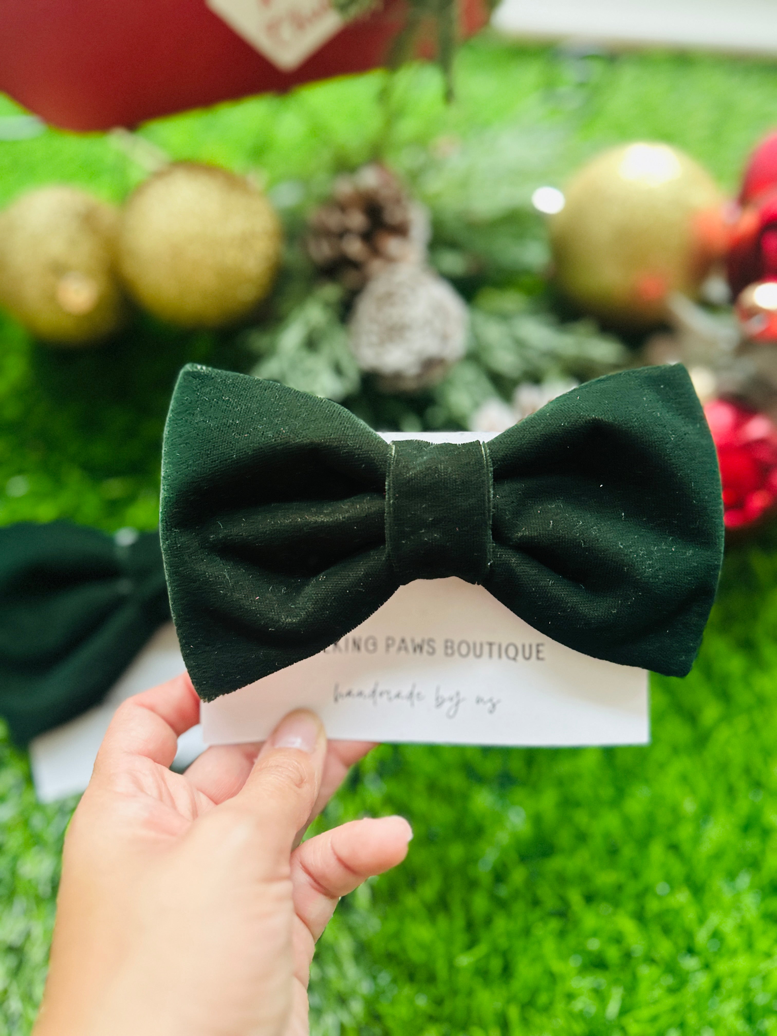 green velvet dog bowtie adjustable and attachable to dog collar
