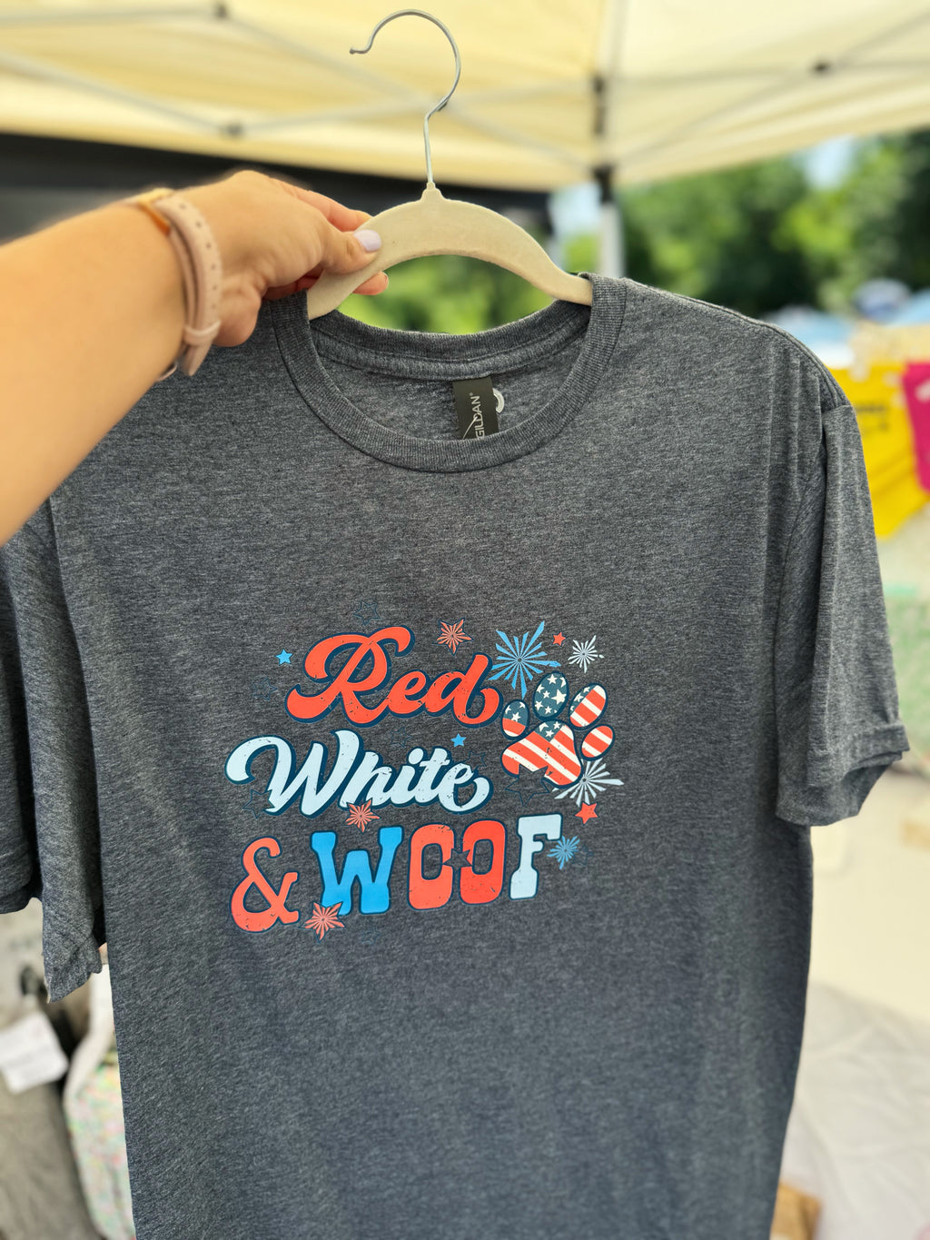 Fourth of July, red, white and woof Tshirt.