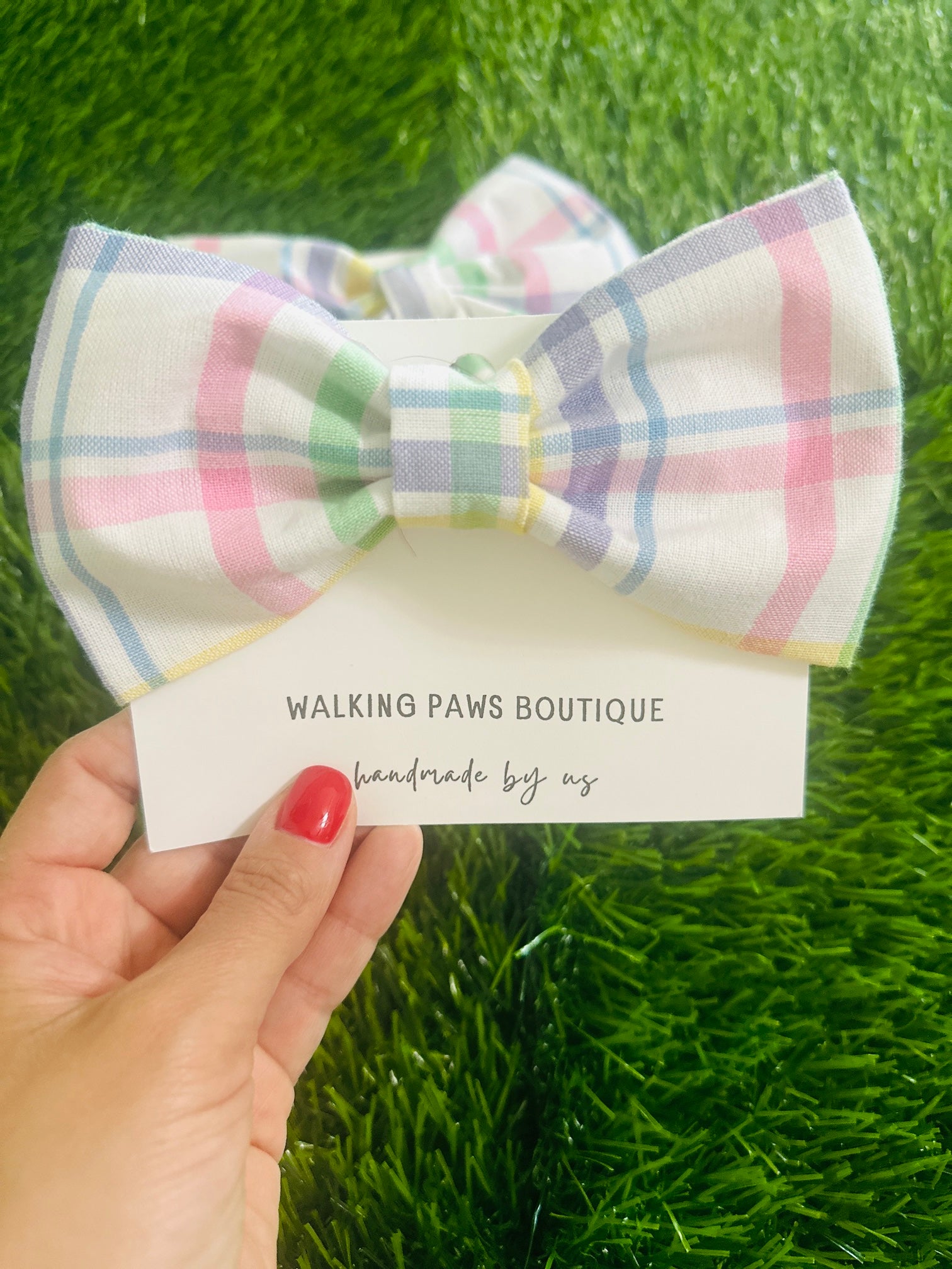 Pastel plaid dog bowtie
