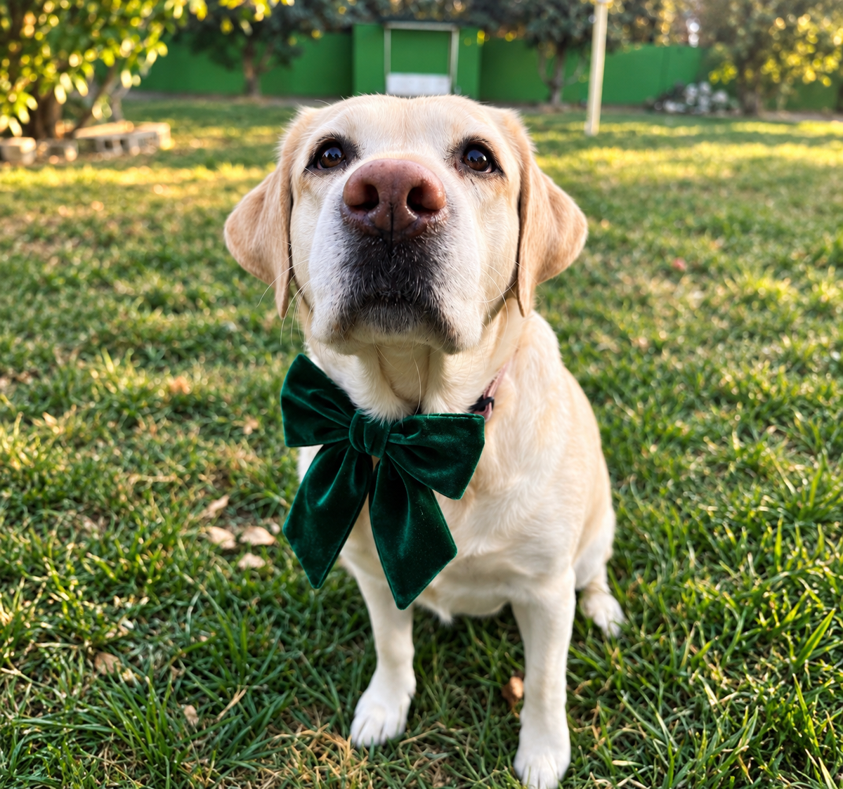 green velvet dog bowtie adjustable and attachable to dog collar