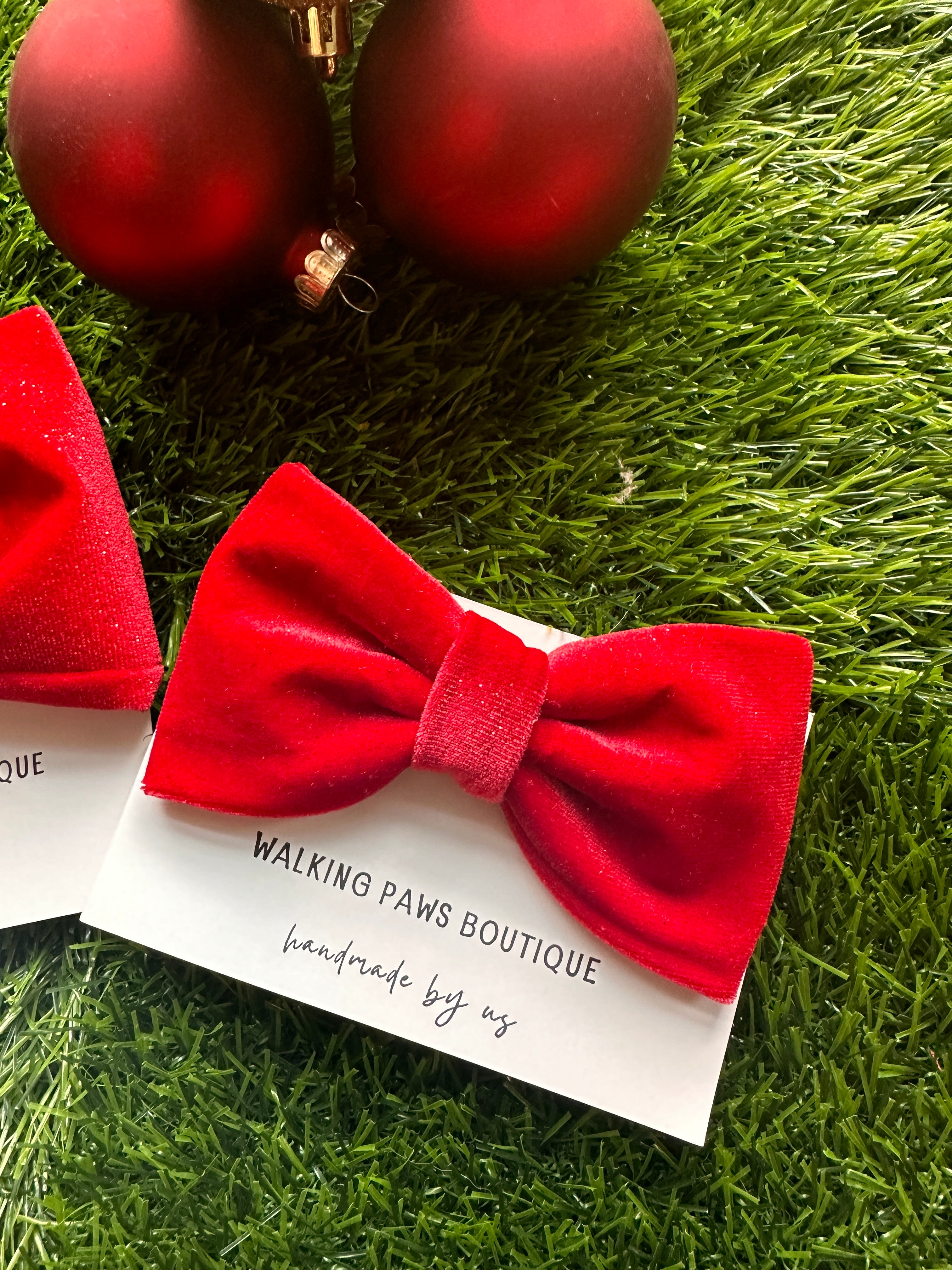 Red velvet  bowtie with adjustable velcro. Attach to dog's collar. Holiday gift for any dog