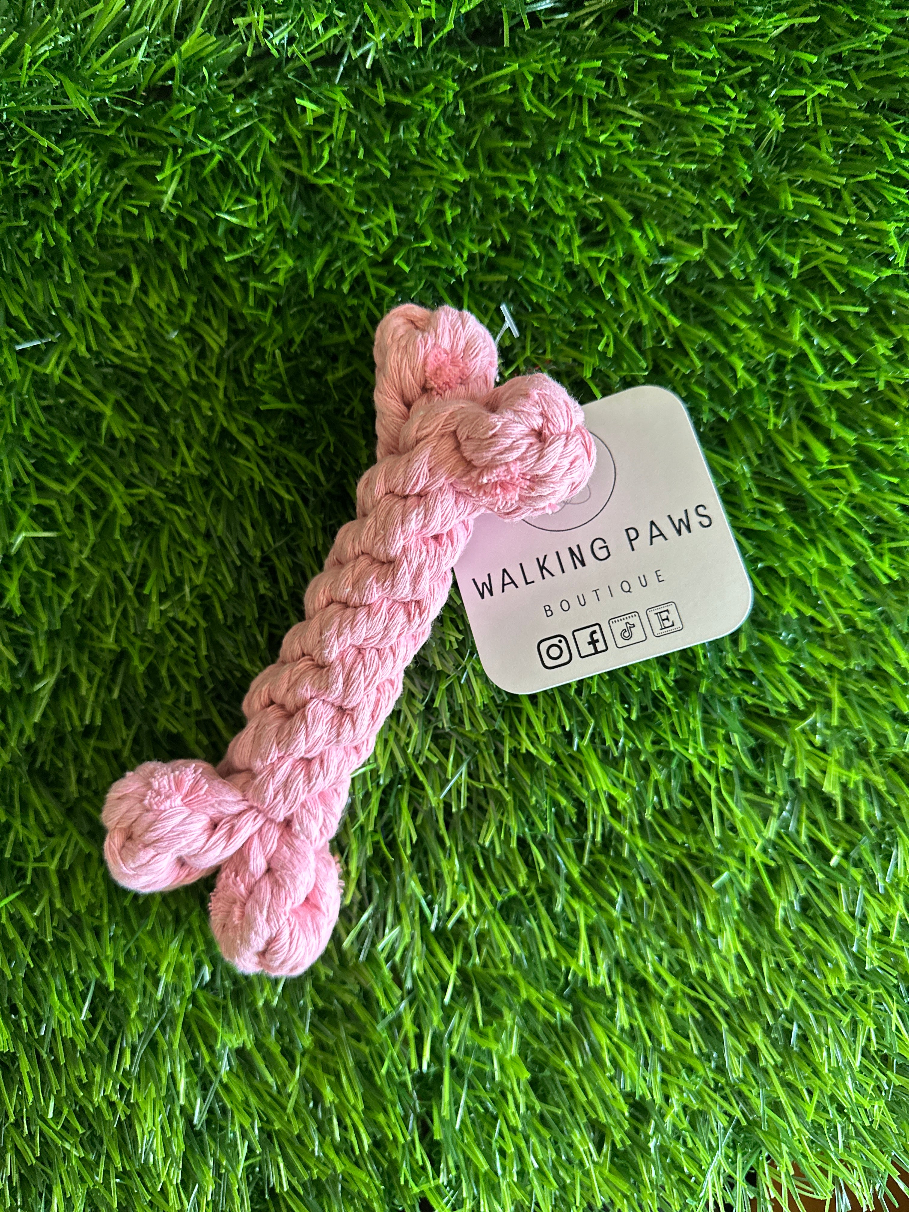 Macrame bone dog toy, pink and blue
