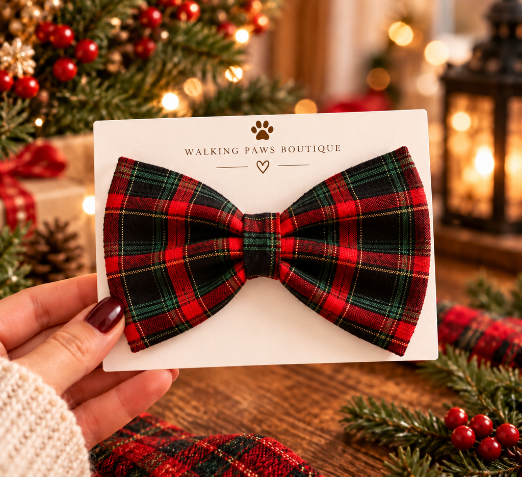 Classic Christmas Tartan Dog Bow Tie | Gold Lurex Plaid