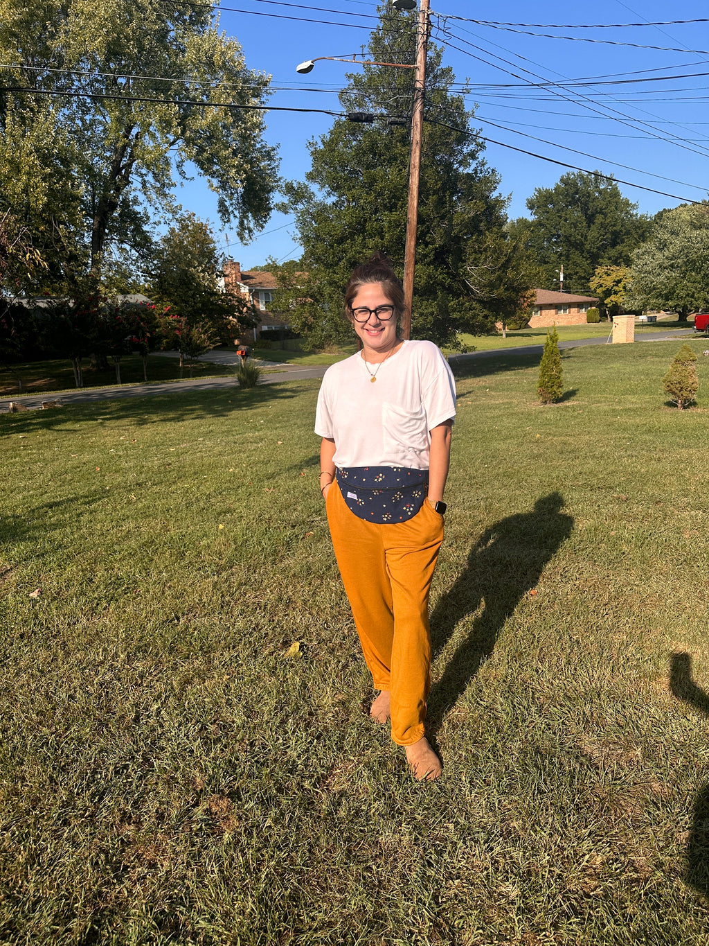 corduroy navy floral fanny pack, oversized look, fabric fanny pack