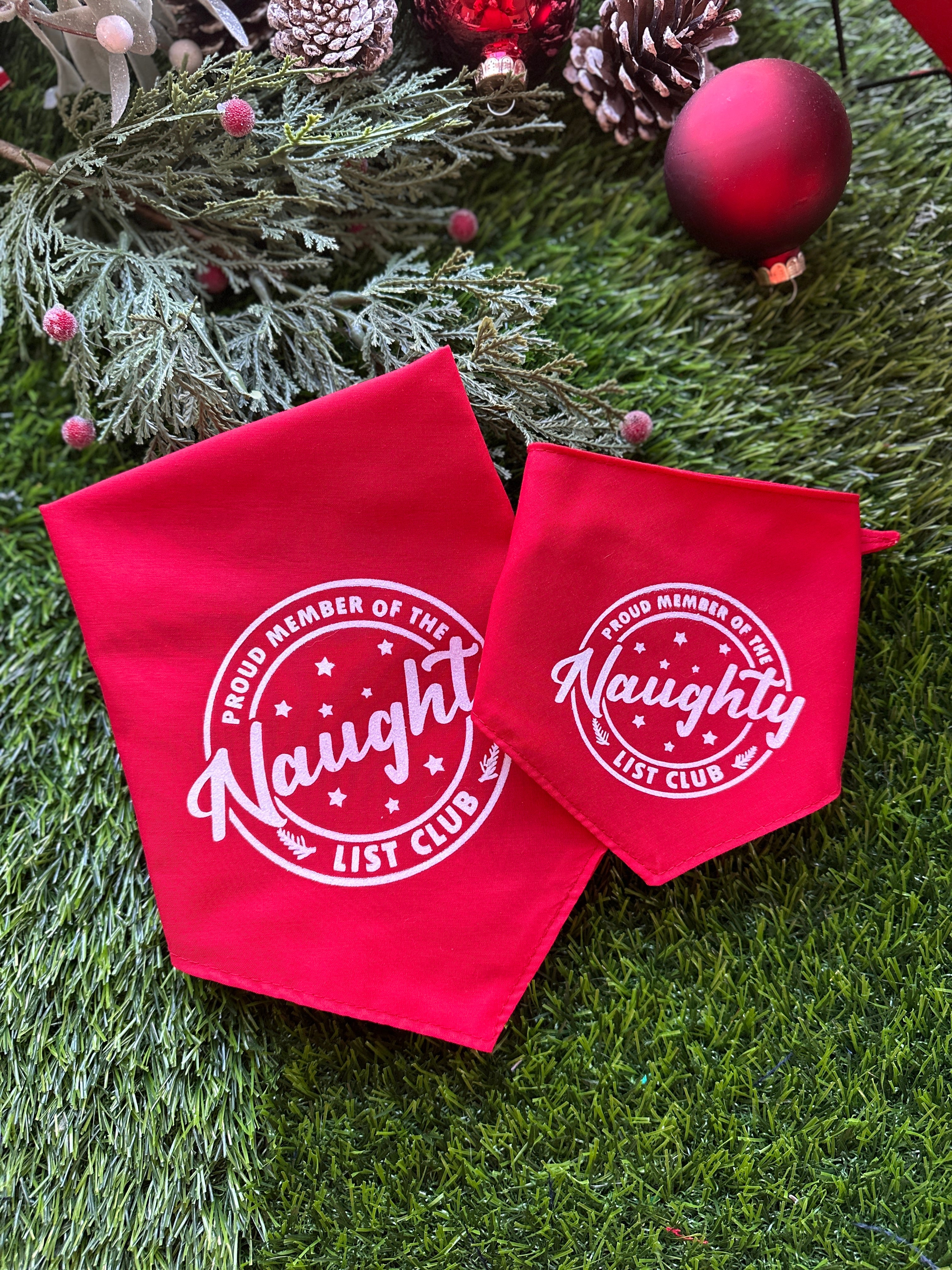 Proud member of the naughty list red bandana for dogs with snaps on
