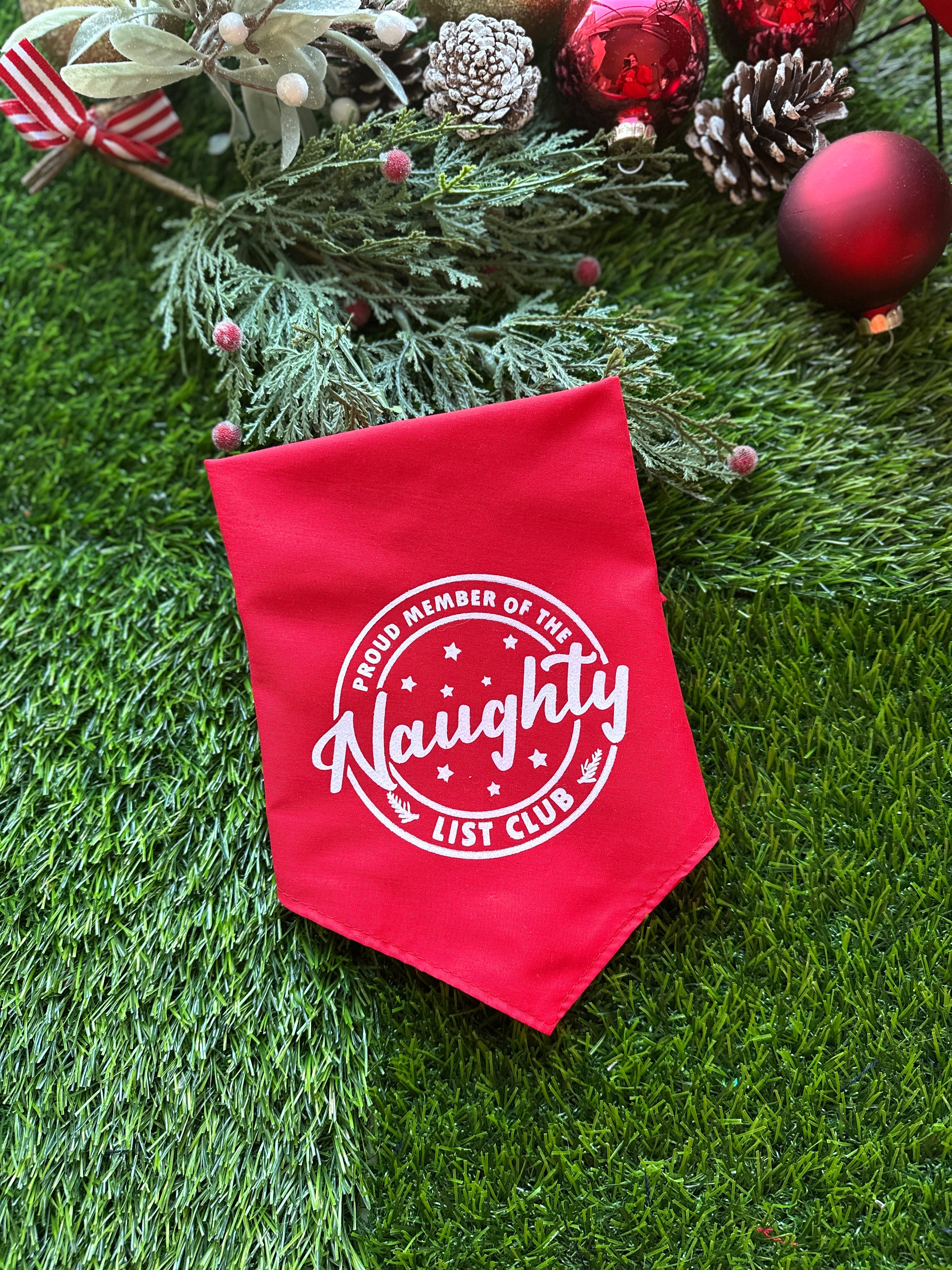 Proud member of the naughty list red bandana for dogs with snaps on