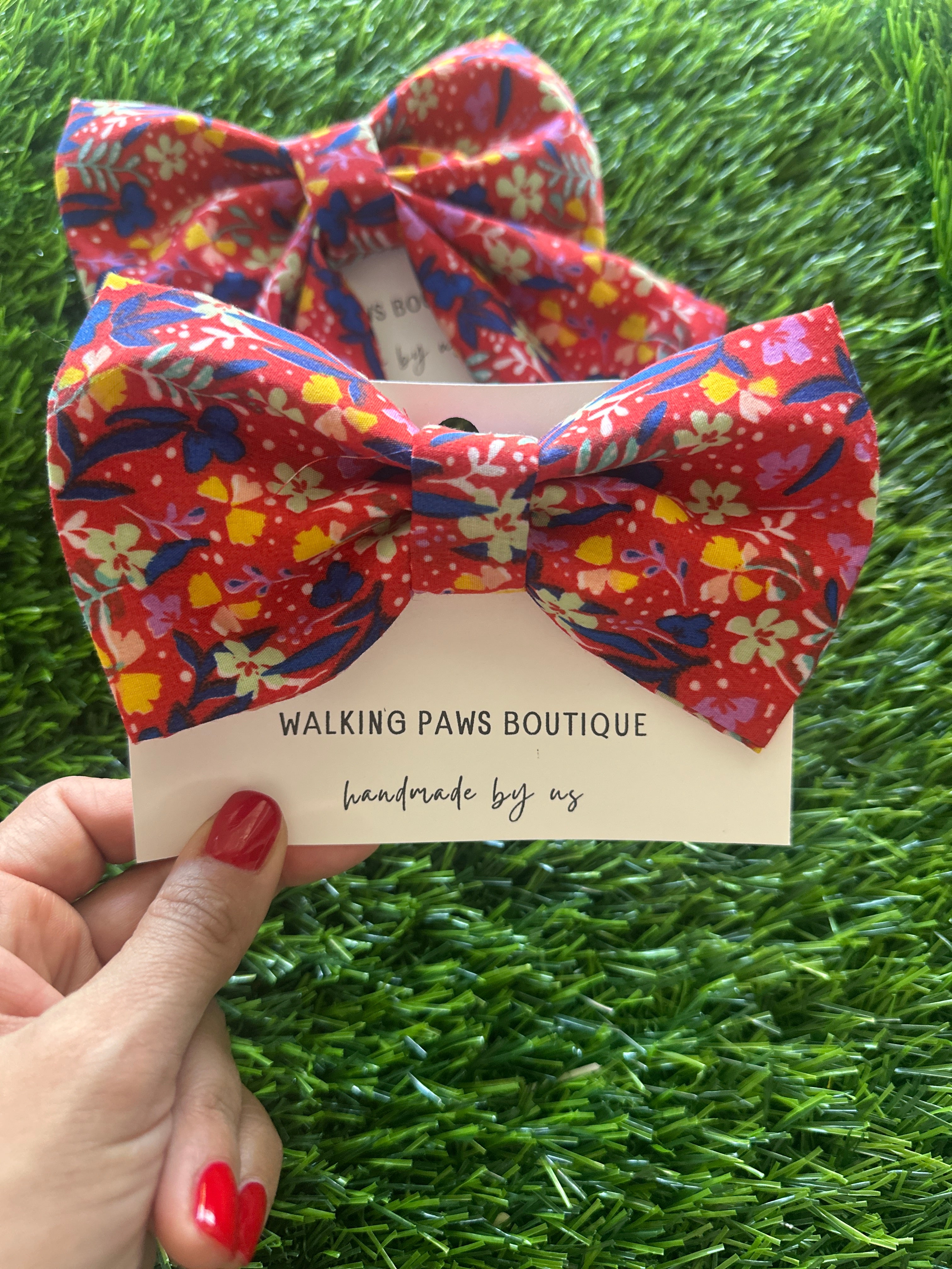 red and blue floral bow for dogs