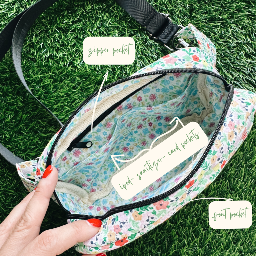 Floral green tiny flowers fanny pack, boho chic everyday bum bag, crossbody fanny pack