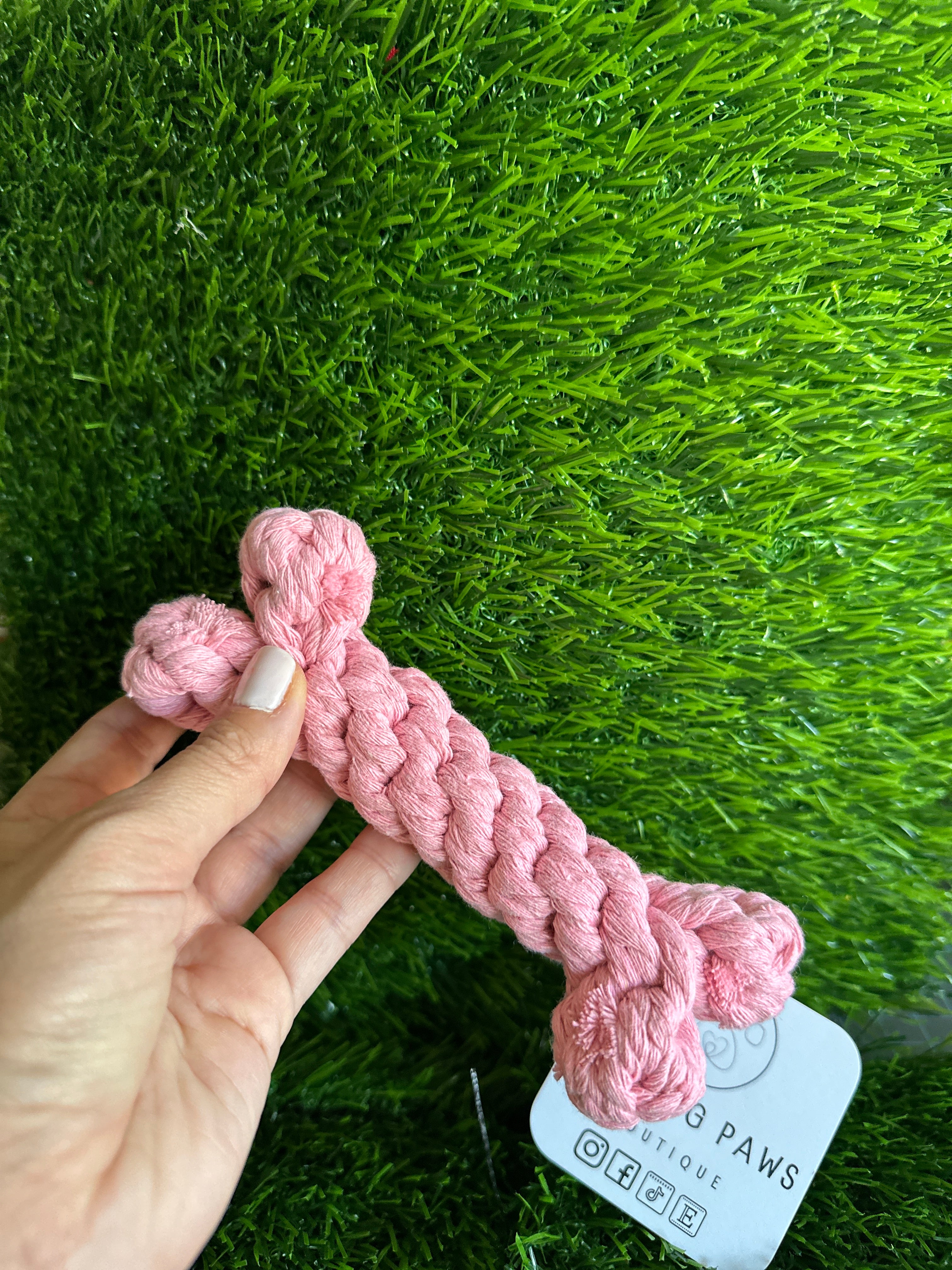 Macrame bone dog toy, pink and blue