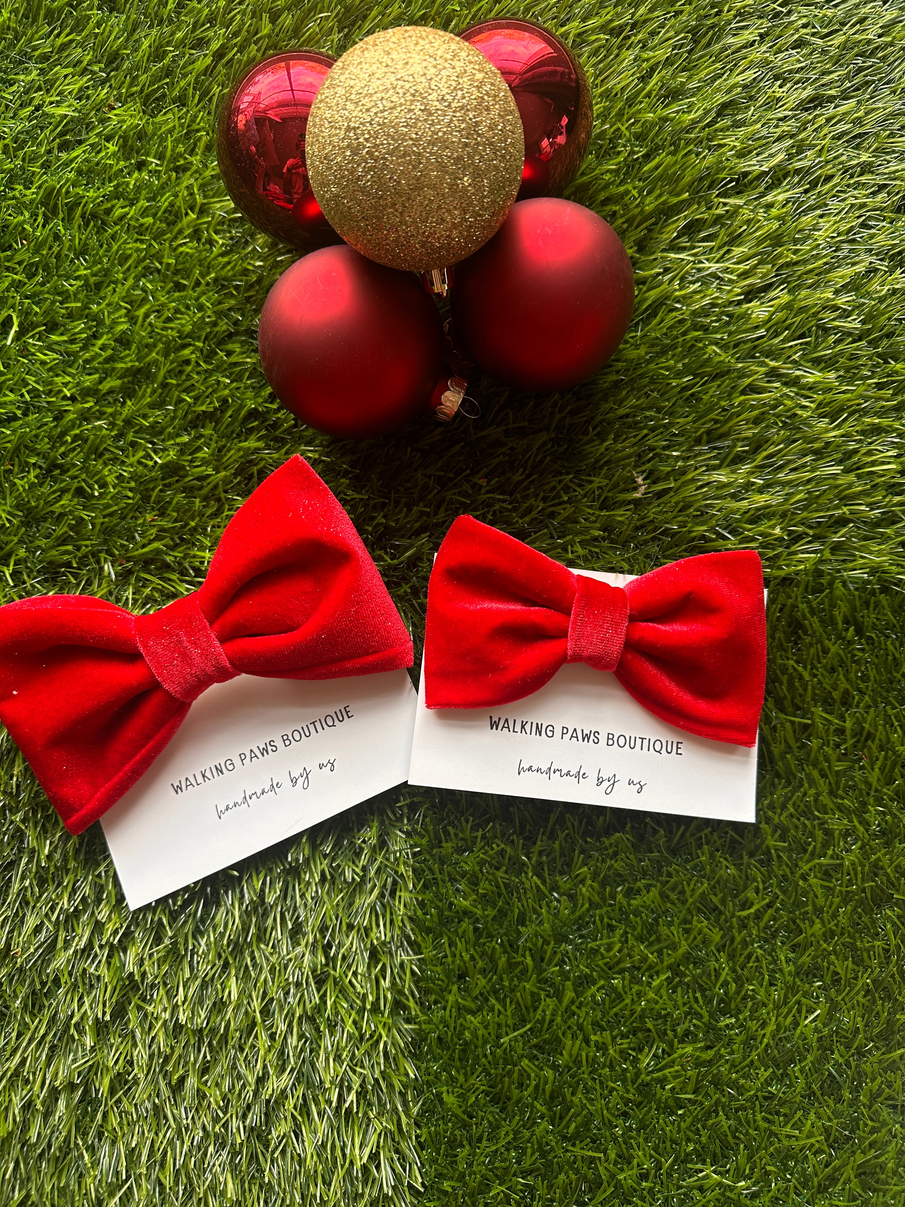 Red velvet  bowtie with adjustable velcro. Attach to dog's collar. Holiday gift for any dog