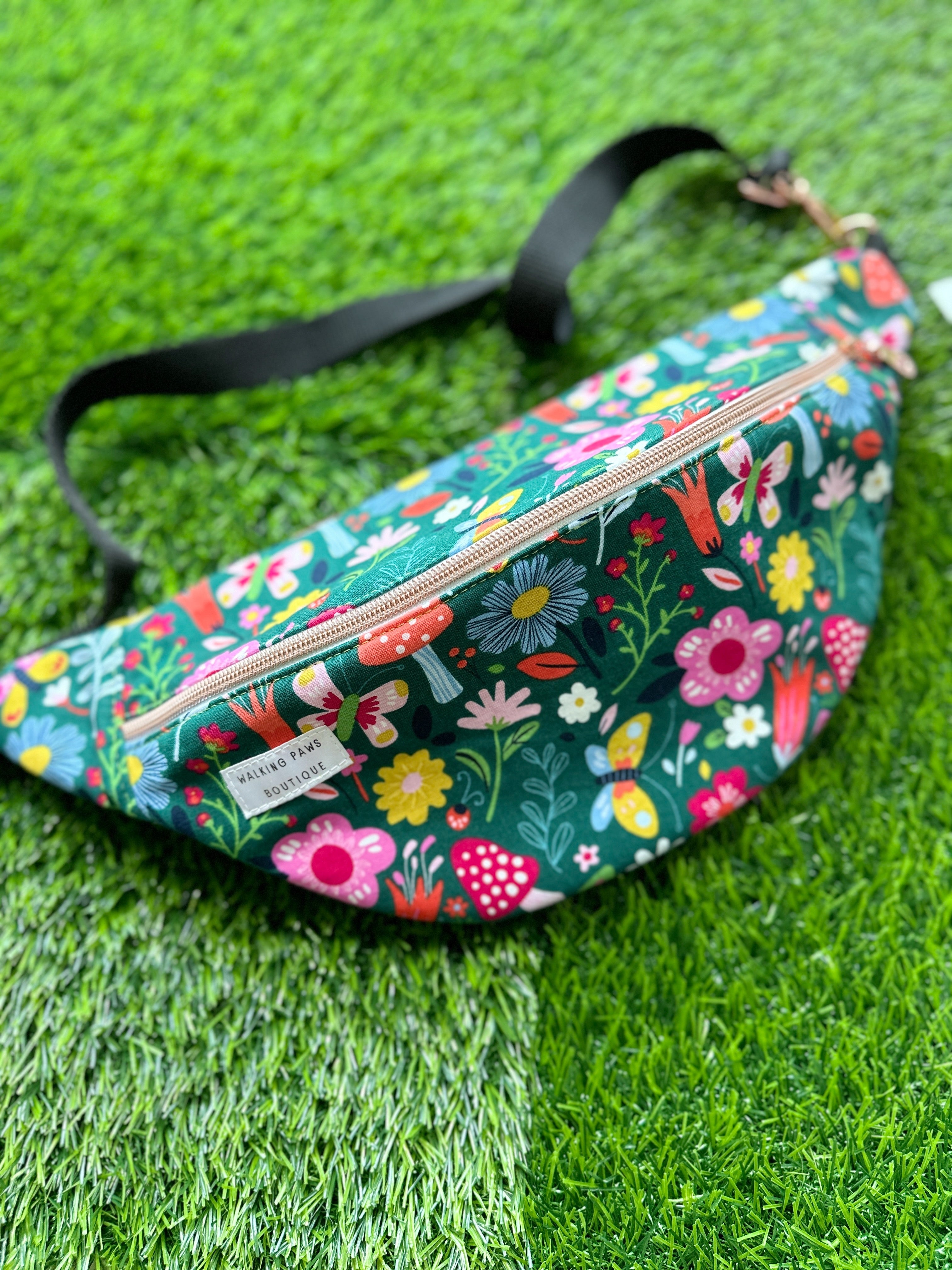 Floral green oversize style fanny pack, crossbody purse, bum bag