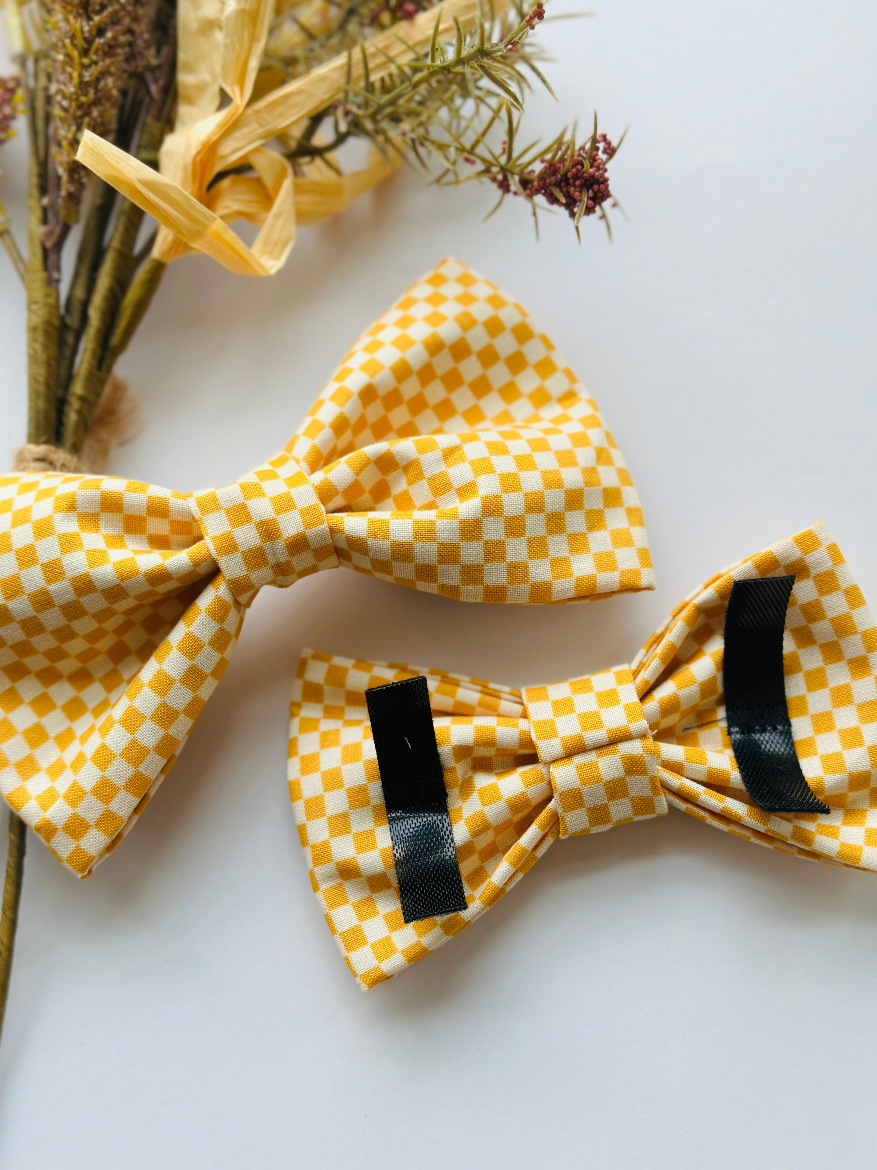 Mustard checkered bowtie for dogs, attach to collar with velcro bow,  bowtie for large or small dogs, pet parent gift for any occasion.