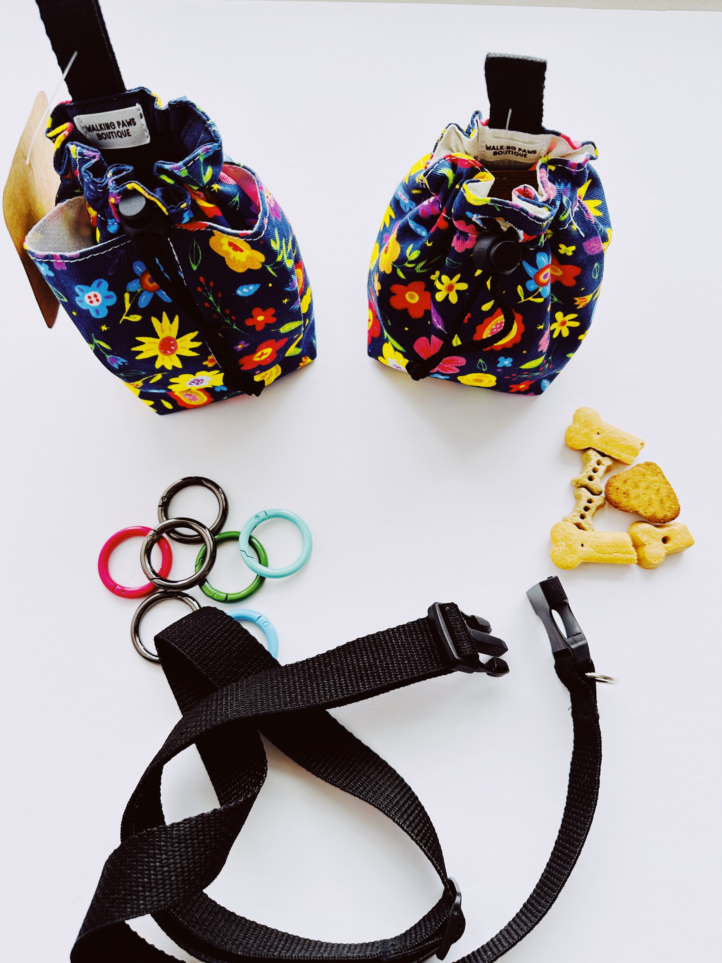 floral dog treat pouch for dog walking or formal training, treat holder botanical blue pouch, dog mom gift