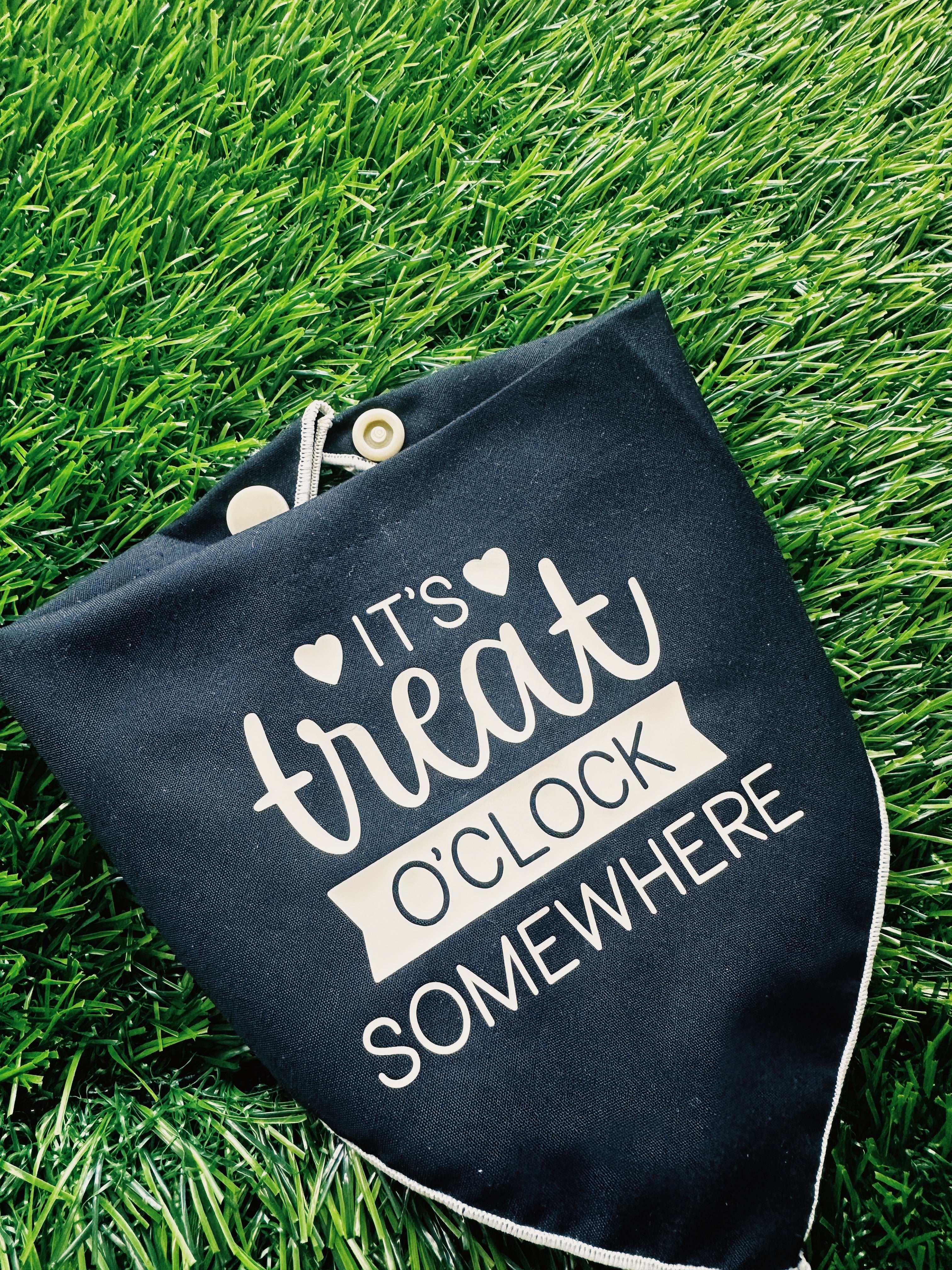 Its treat o'oclock somewhere dog bandana tie on, snap on