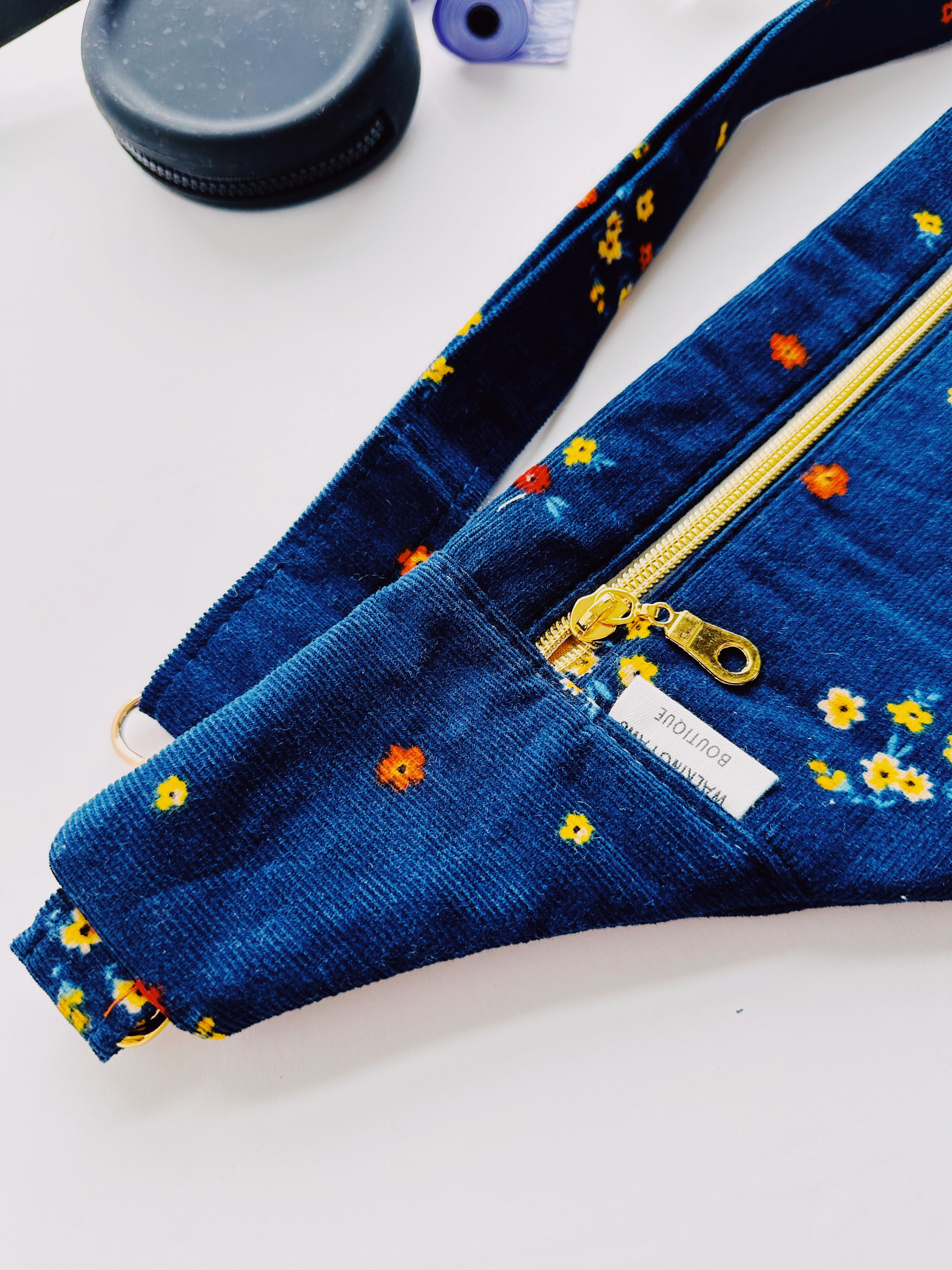 floral blue corduroy fanny pack, bohemian dog walking bum purse, crossbody pack with poo bag dispenser 4 dog lovers, boho belt bag gift