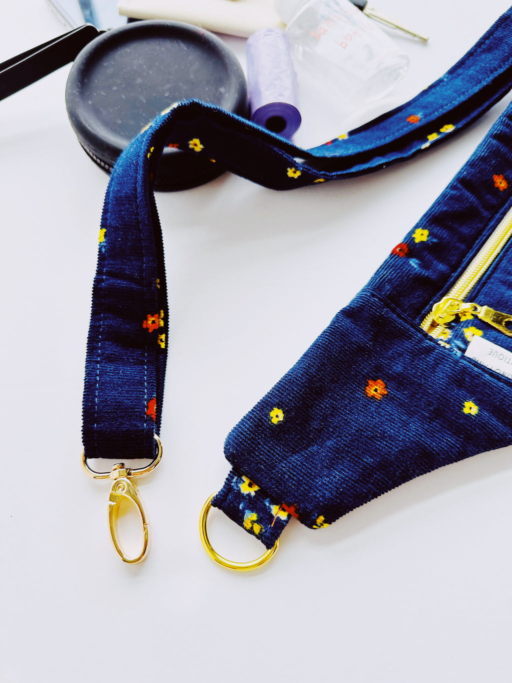 floral blue corduroy fanny pack, bohemian dog walking bum purse, crossbody pack with poo bag dispenser 4 dog lovers, boho belt bag gift