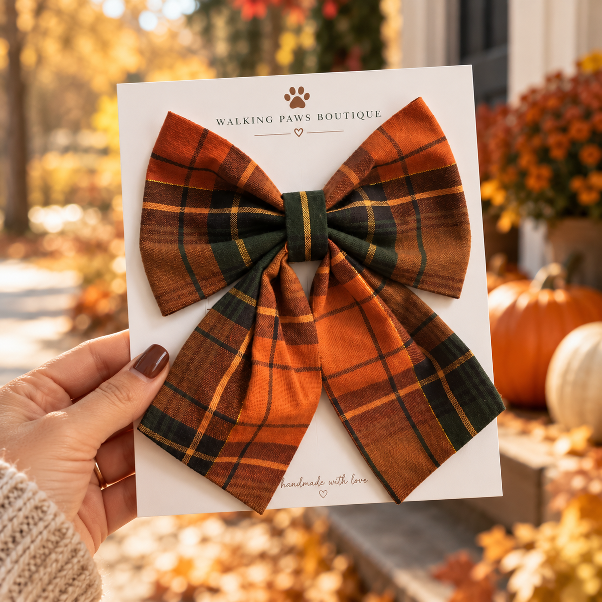 Fall Plaid Cotton Dog Bow | Burnt Orange & Forest Green