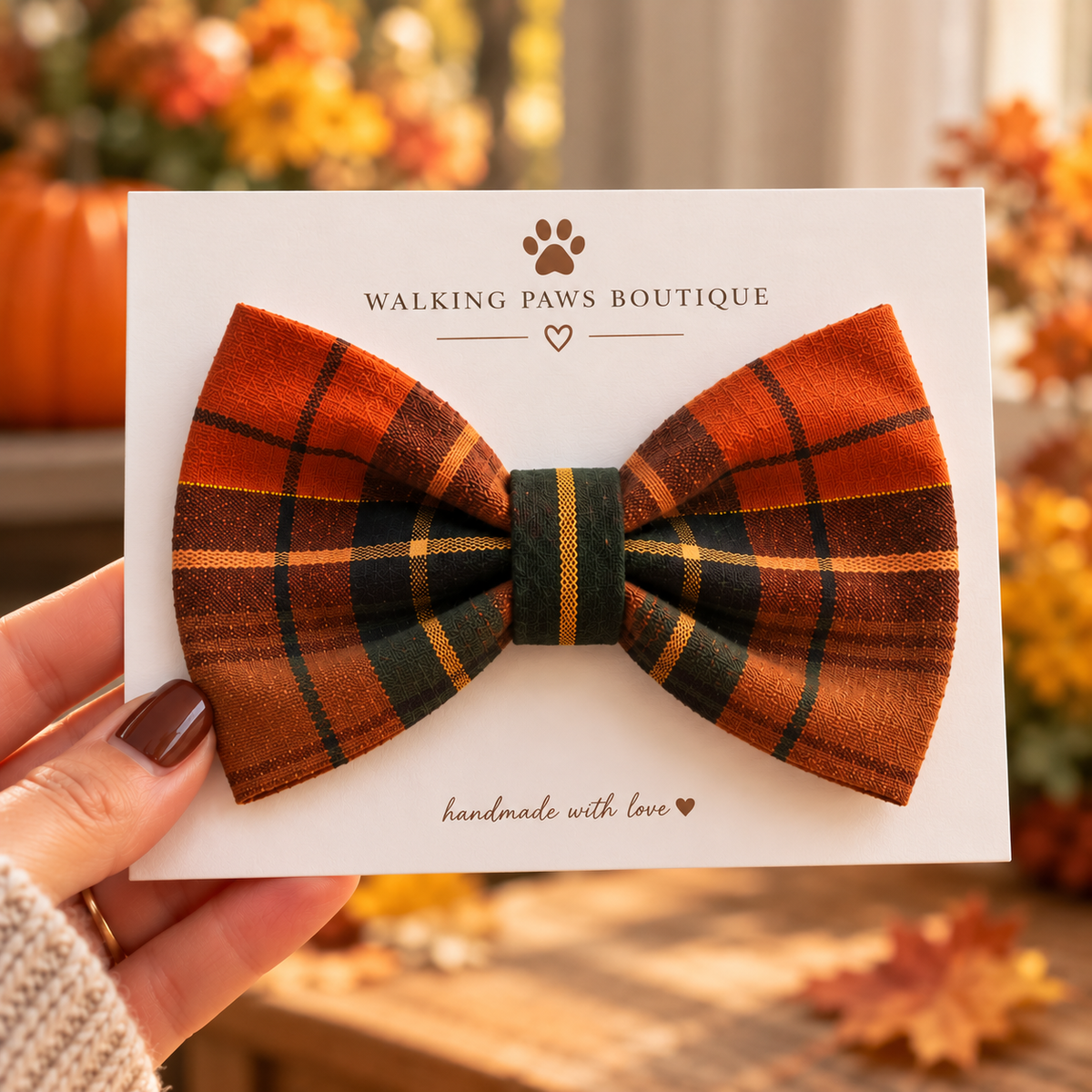 Fall Plaid Cotton Dog Bow | Burnt Orange & Forest Green