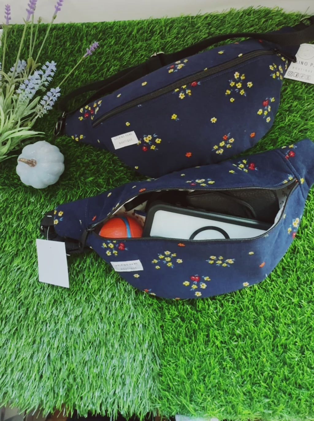 corduroy navy floral fanny pack, oversized look, fabric fanny pack