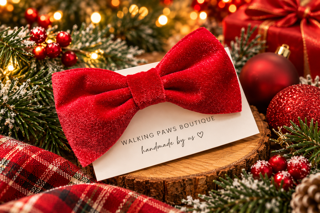 Red velvet  bowtie with adjustable velcro. Attach to dog's collar. Holiday gift for any dog