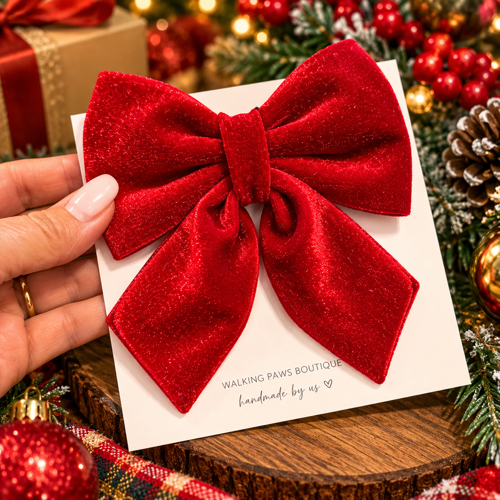 Red velvet  bowtie with adjustable velcro. Attach to dog's collar. Holiday gift for any dog