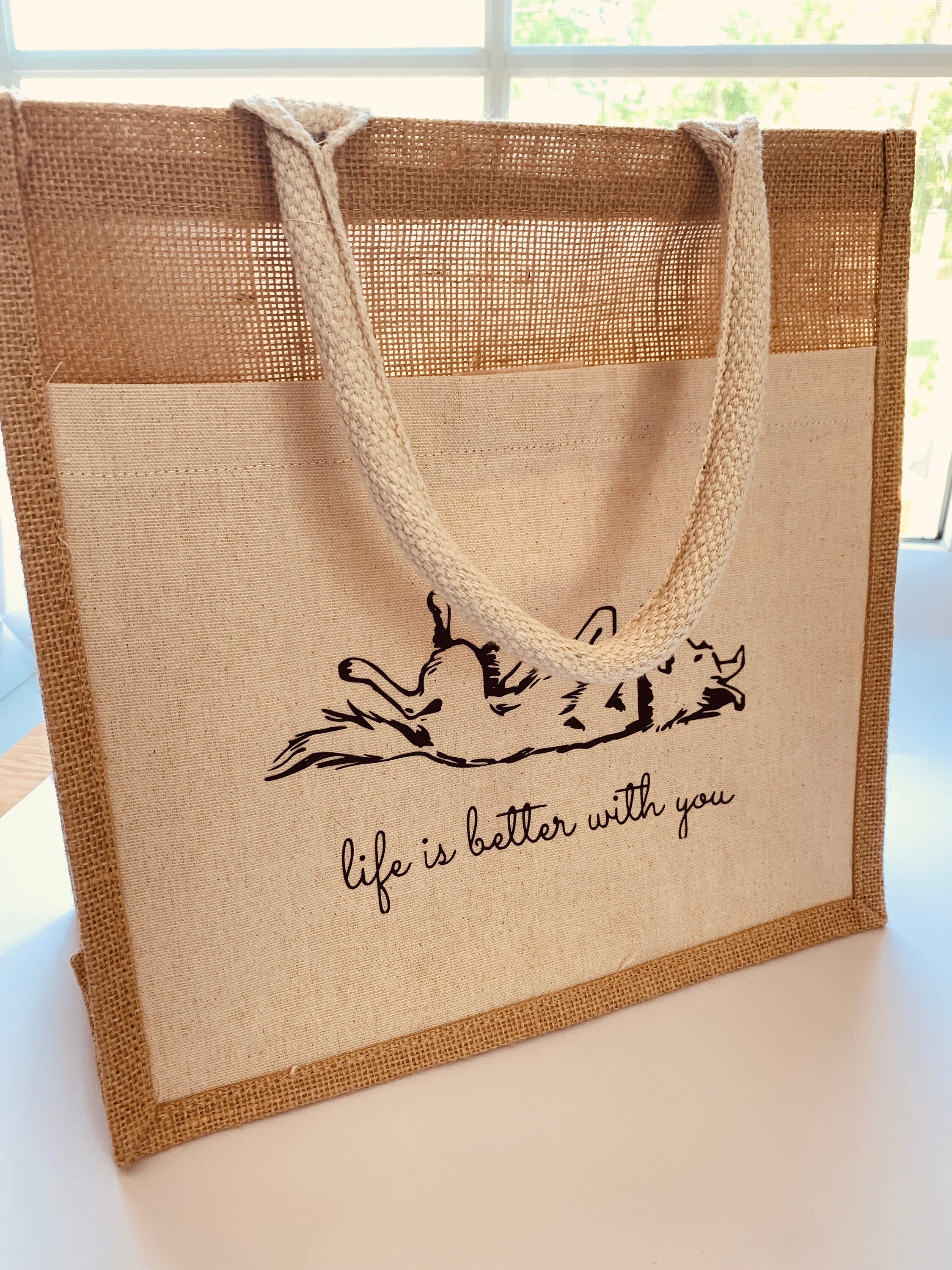 jute handbag for dog lovers, tote bag with pocket, dog mom bag, life is better with you dog tote purse, gift reusable strong burlap pet bags
