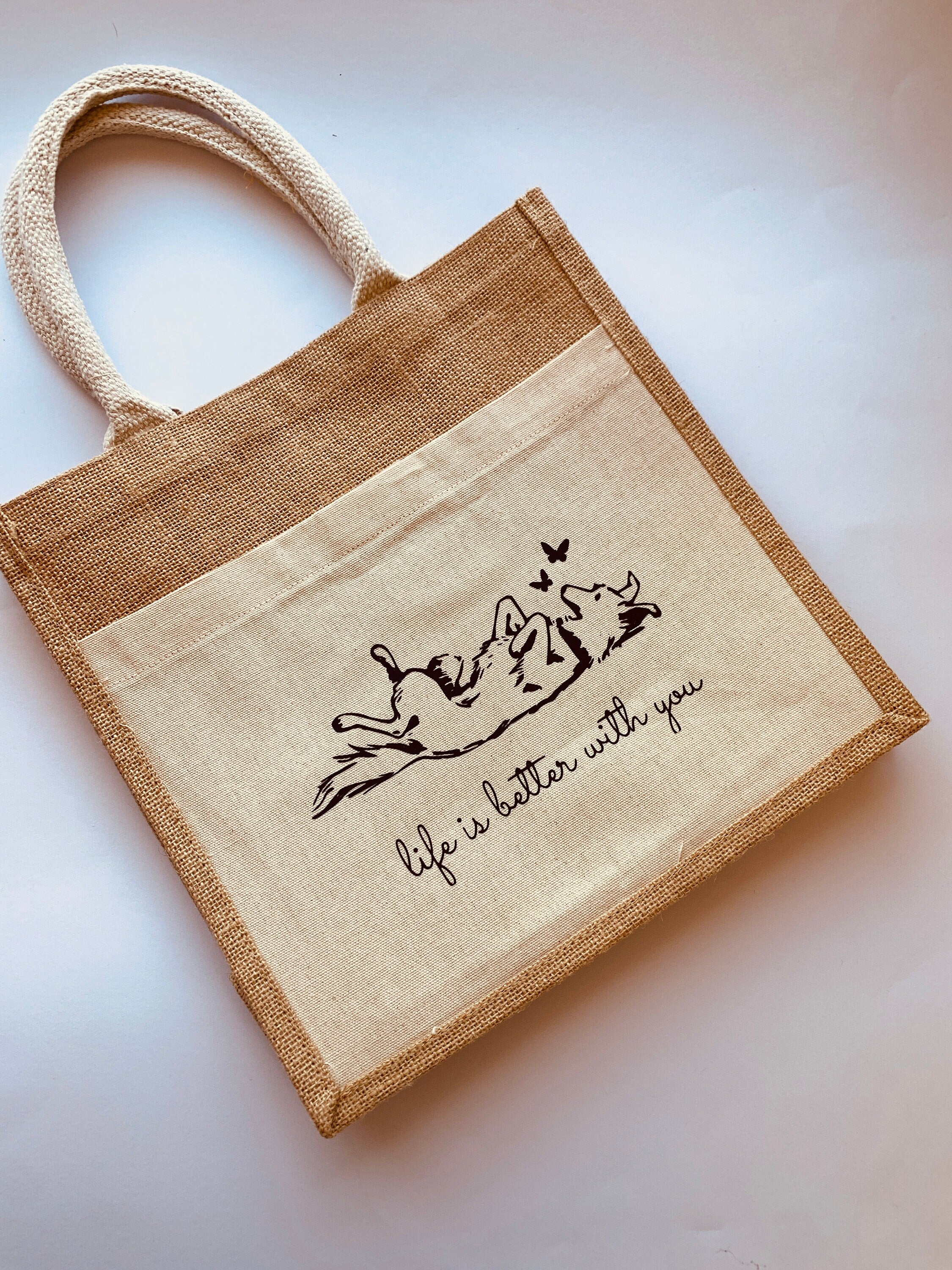 jute handbag for dog lovers, tote bag with pocket, dog mom bag, life is better with you dog tote purse, gift reusable strong burlap pet bags